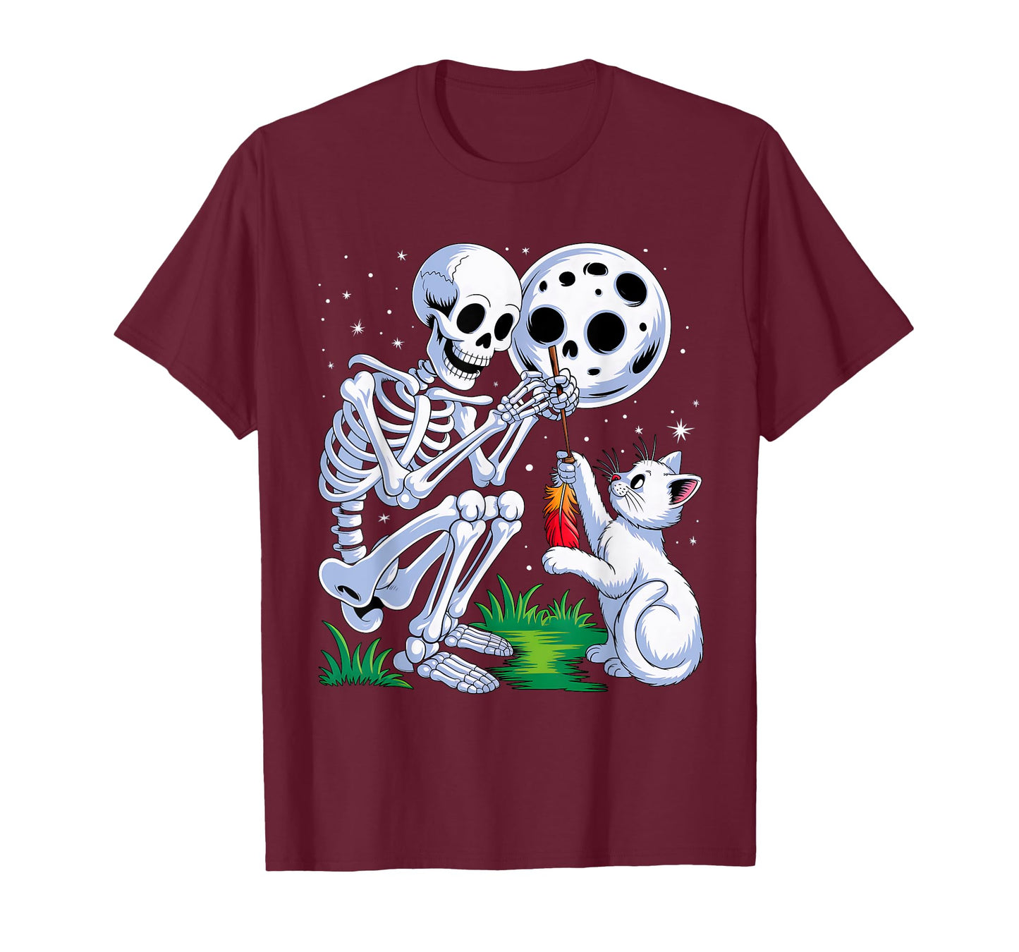 Skeleton Cat Moon Night Halloween Funny Cute Men Women Girls T-Shirt