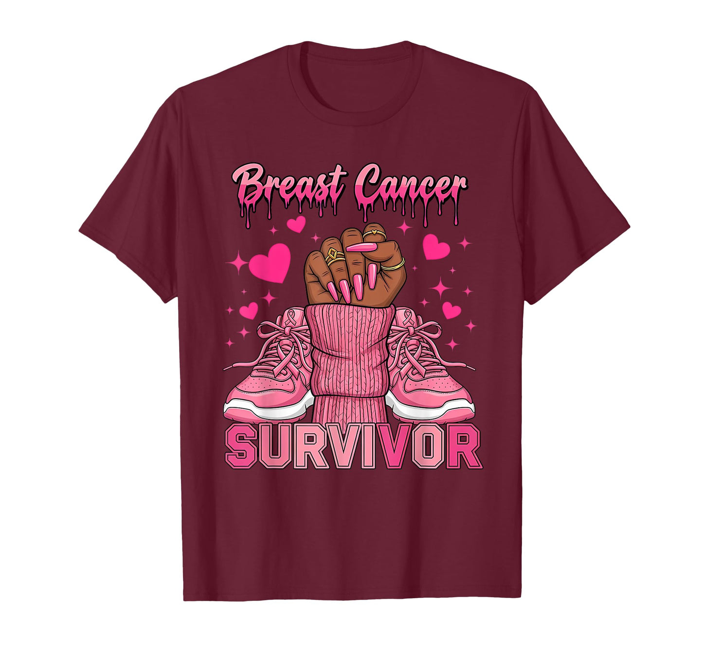 Breast Cancer Survivor Awareness Black Woman Nails Pink T-Shirt