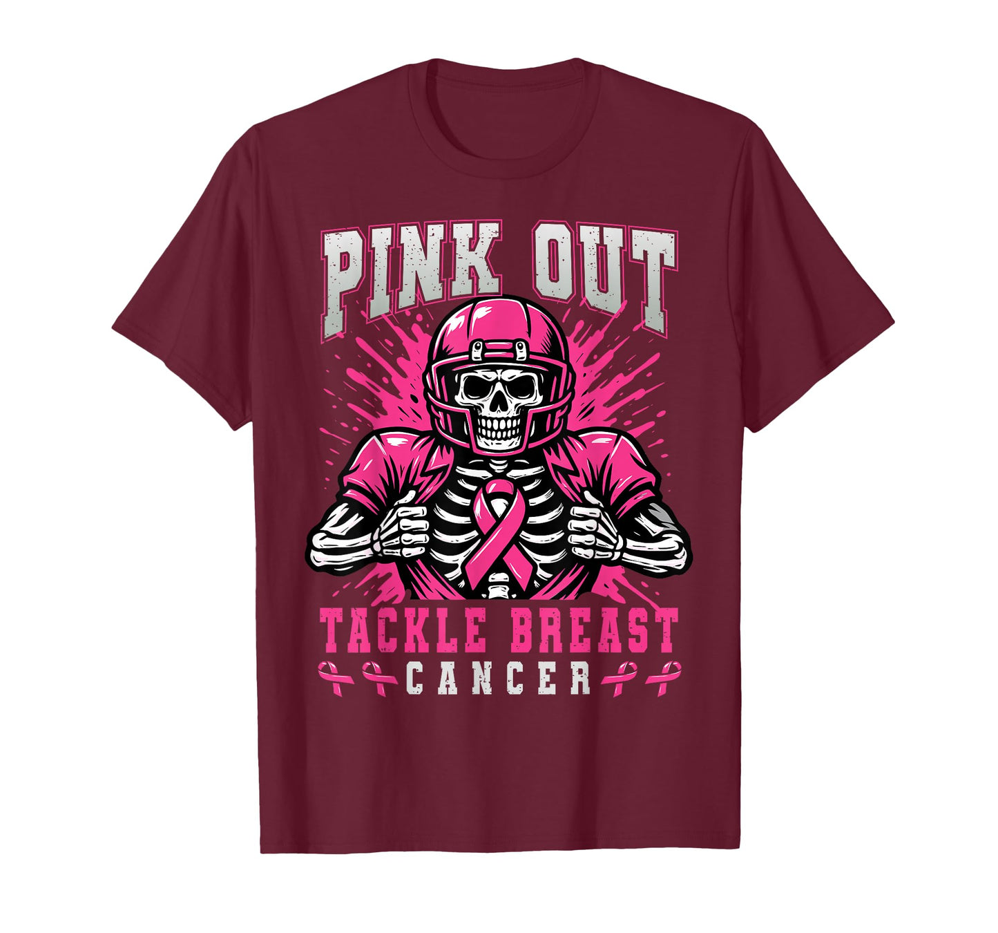 Pink Out Tackle Breast Cancer Football Skeleton Halloween T-Shirt