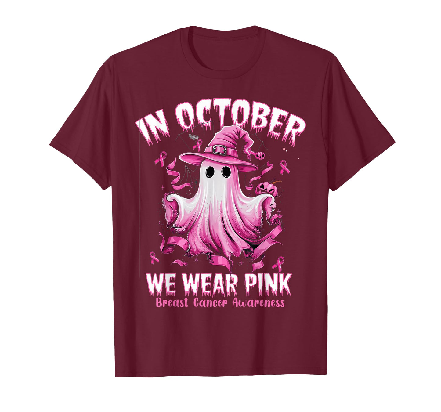 In October We Wear Pink Ghost Witch Breast Cancer Awareness T-Shirt