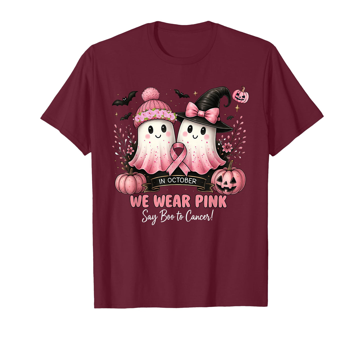 in October We Wear Pink Say Boo to Cancer Halloween Ghost T-Shirt