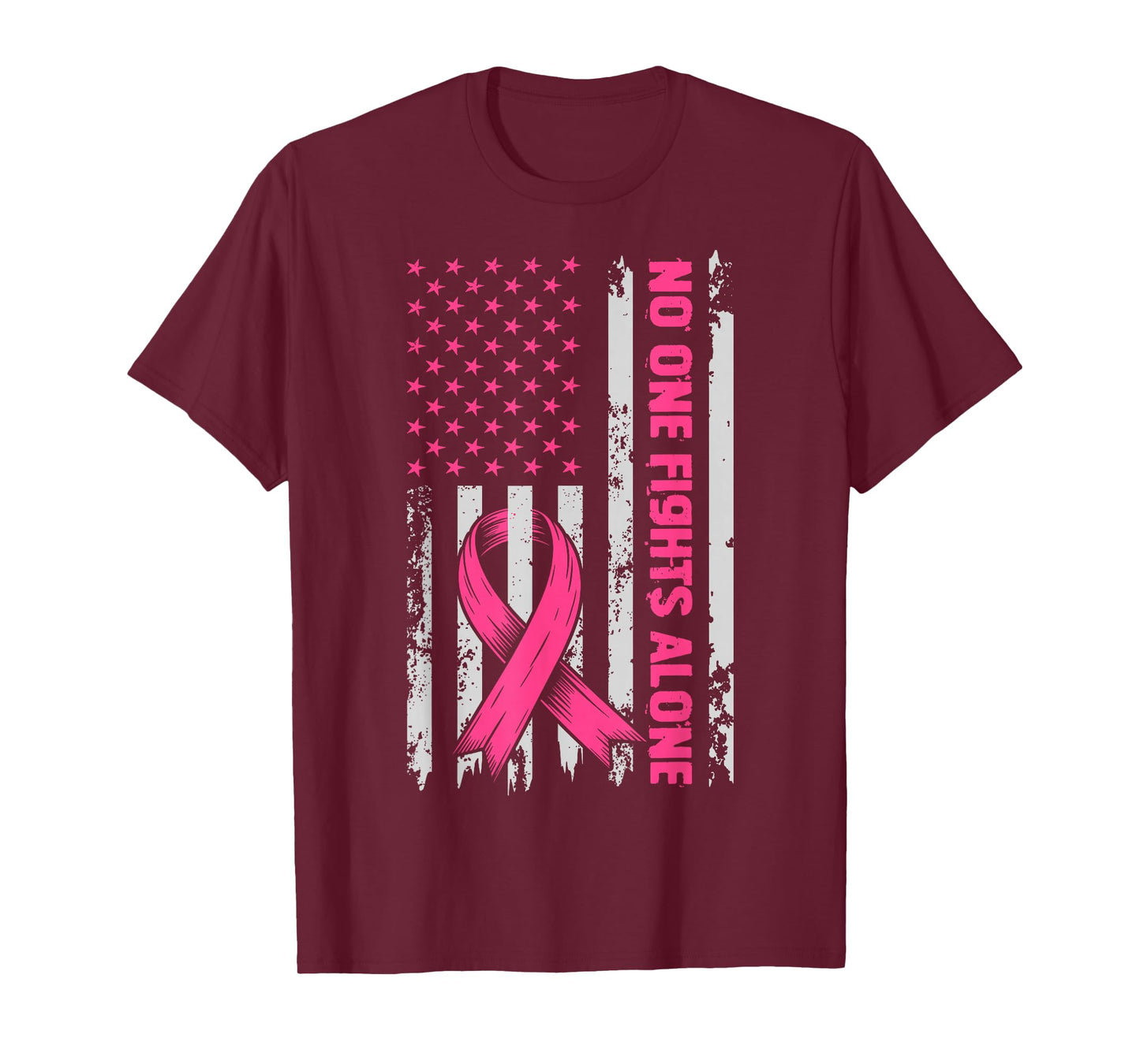 No One Fights Breast Cancer Alone US Flag Pink Ribbon T-Shirt