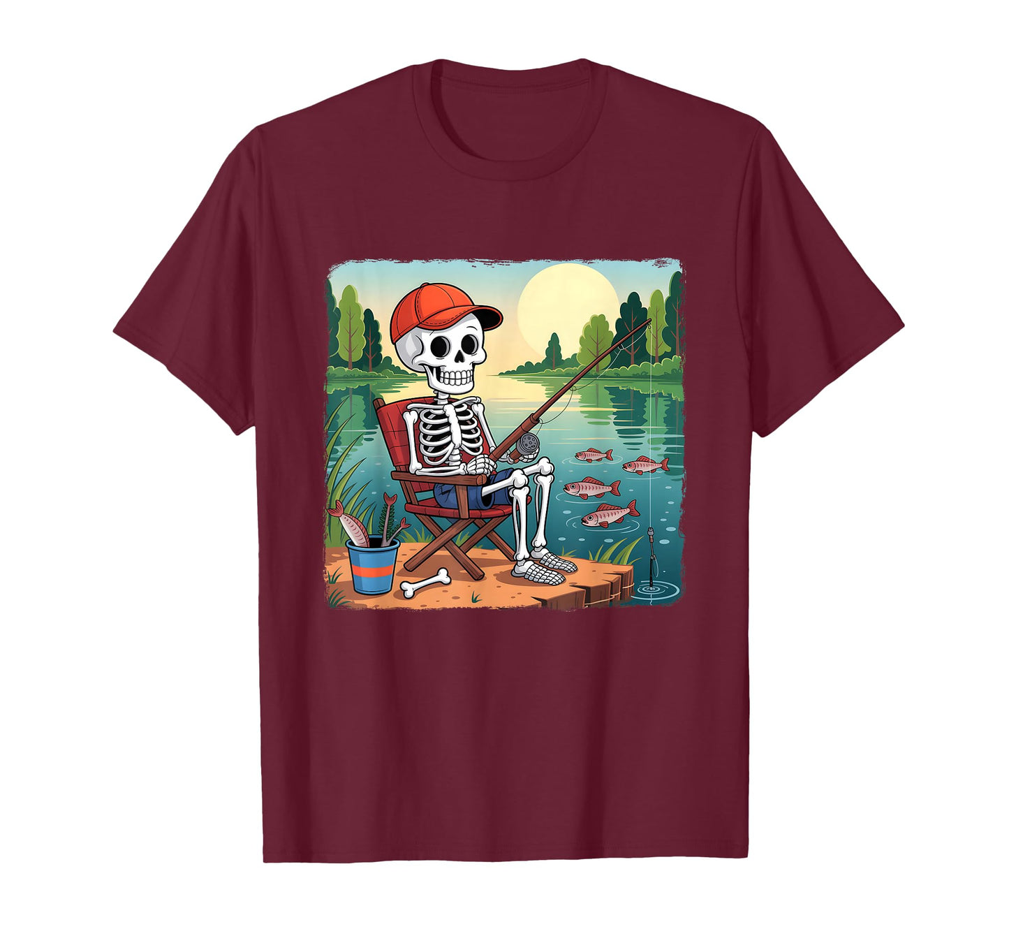 Skeleton Fishing by Lake Halloween Fisherman Fish Love T-Shirt