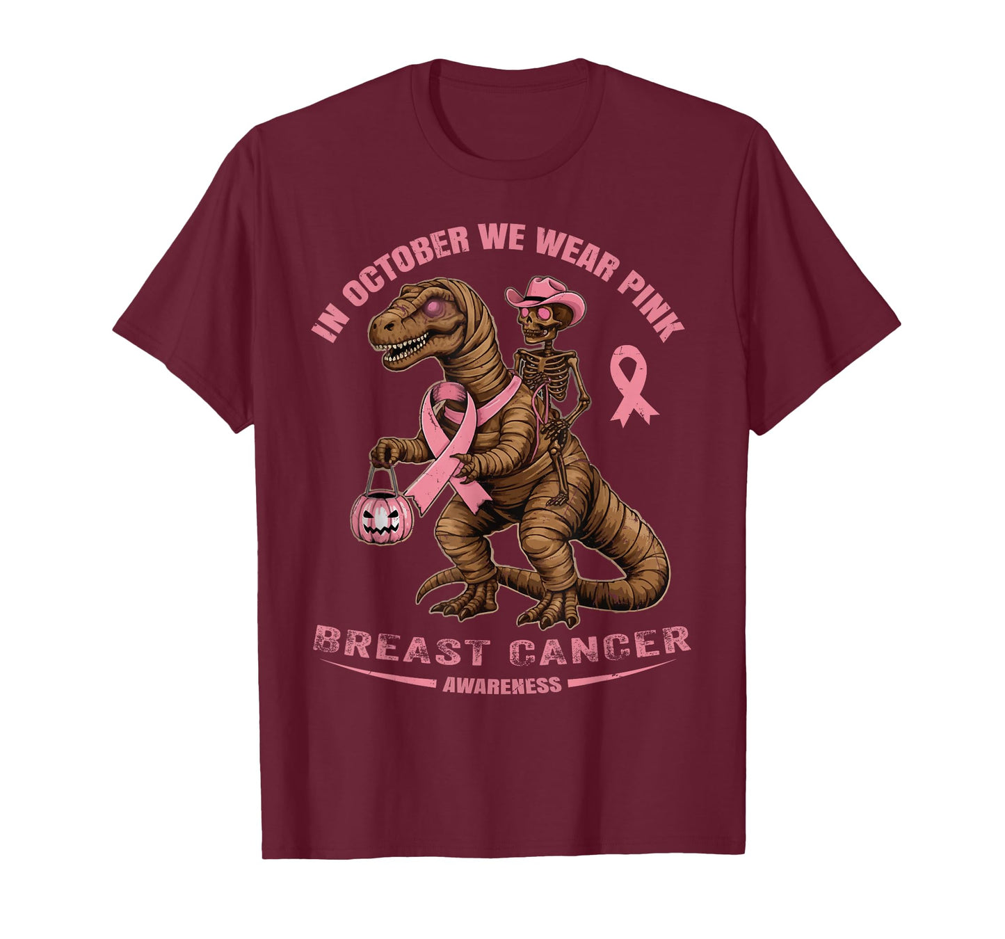 Breast Cancer Dinosaur and Cowboy Skeleton in Pink T-Shirt