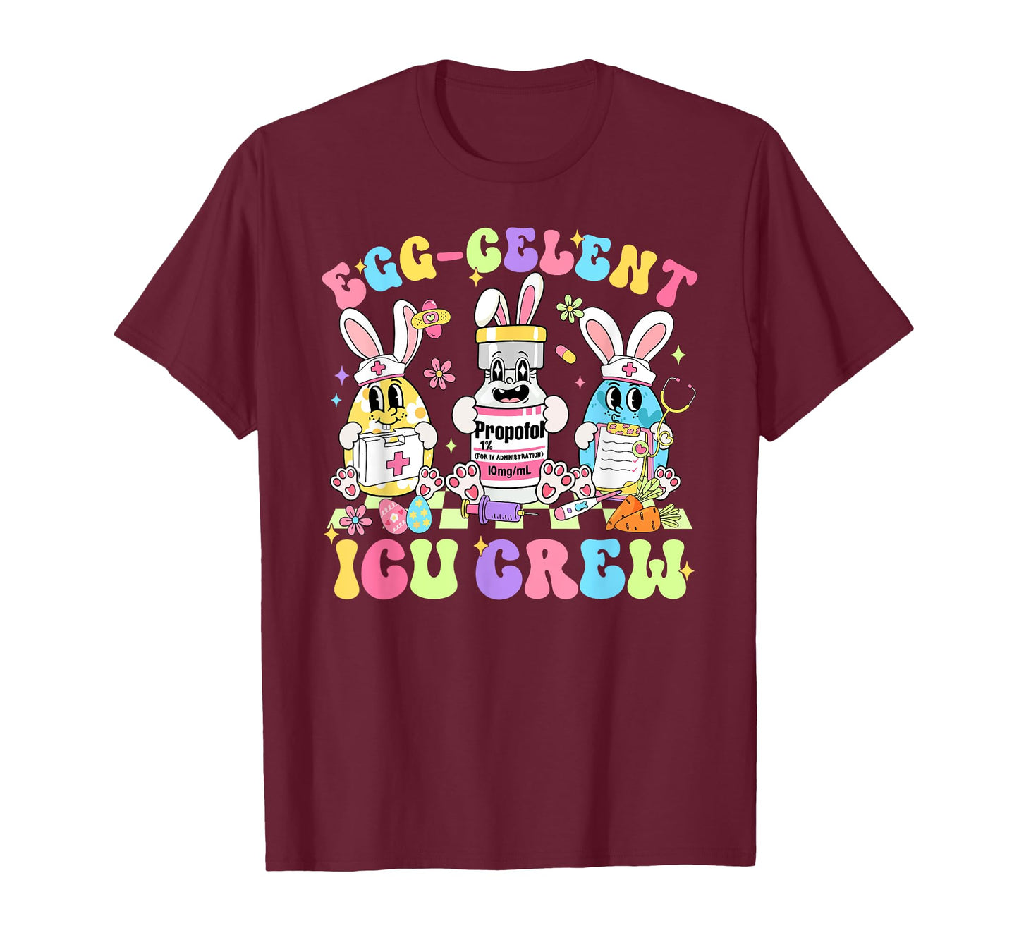 Egg-celent ICU Crew Nurse Retro Groovy Bunny Easter Day T-Shirt