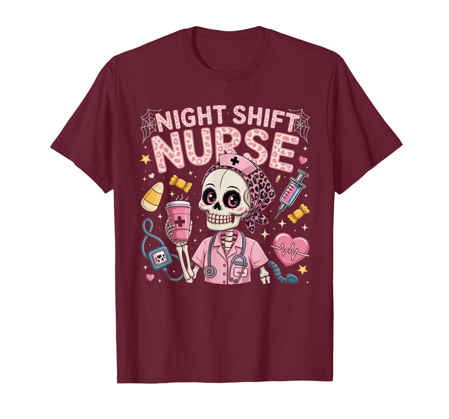 RN ICU Night Shift Nurse Skeleton Halloween Costumes Womens T-Shirt