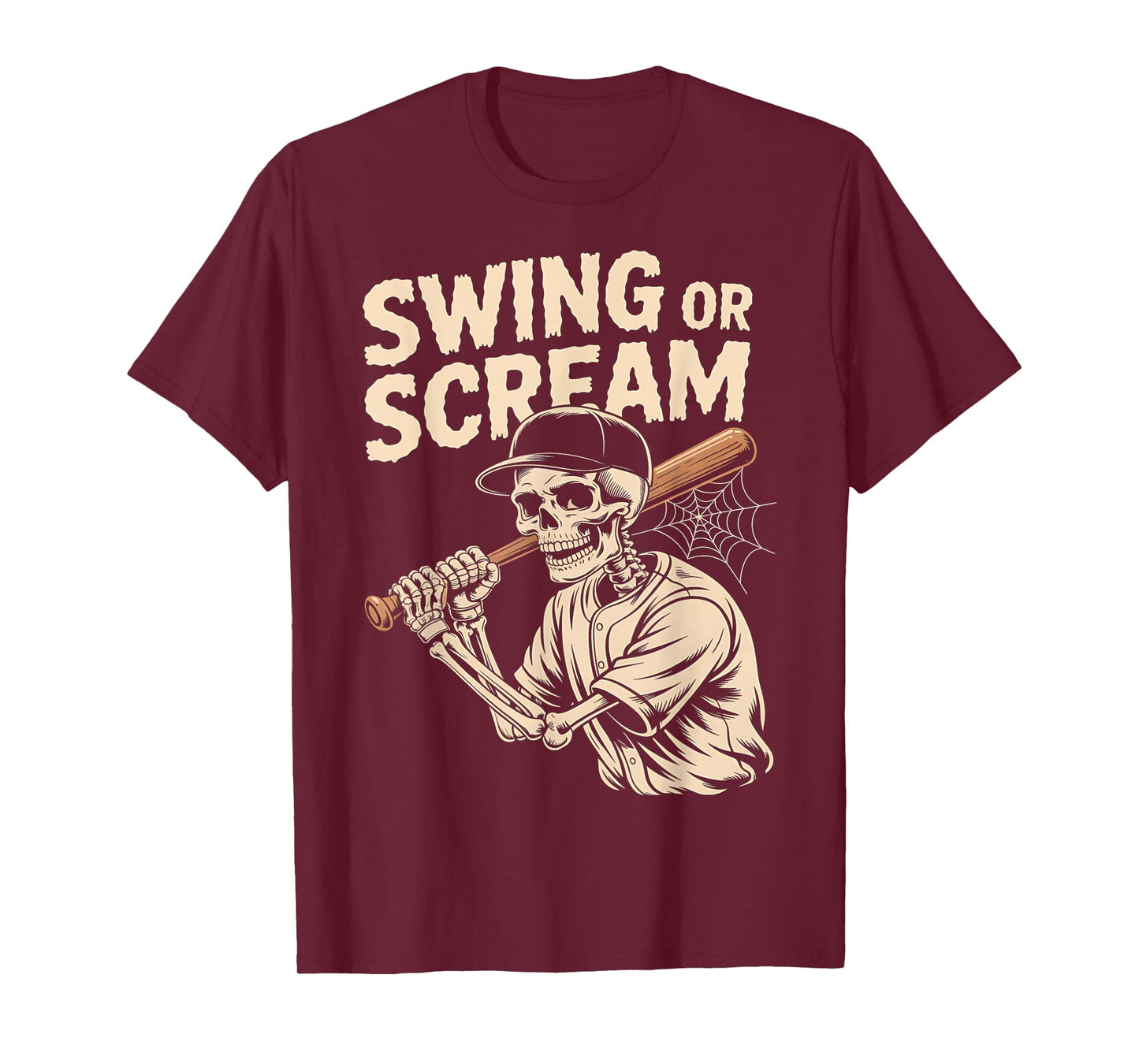 Funny Spooky Skeleton Swing or Scream Halloween Baseball T-Shirt
