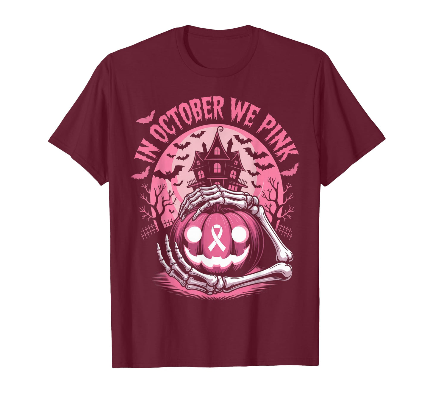 in October We Wear Pink Halloween Pumpkin Skeleton Design T-Shirt