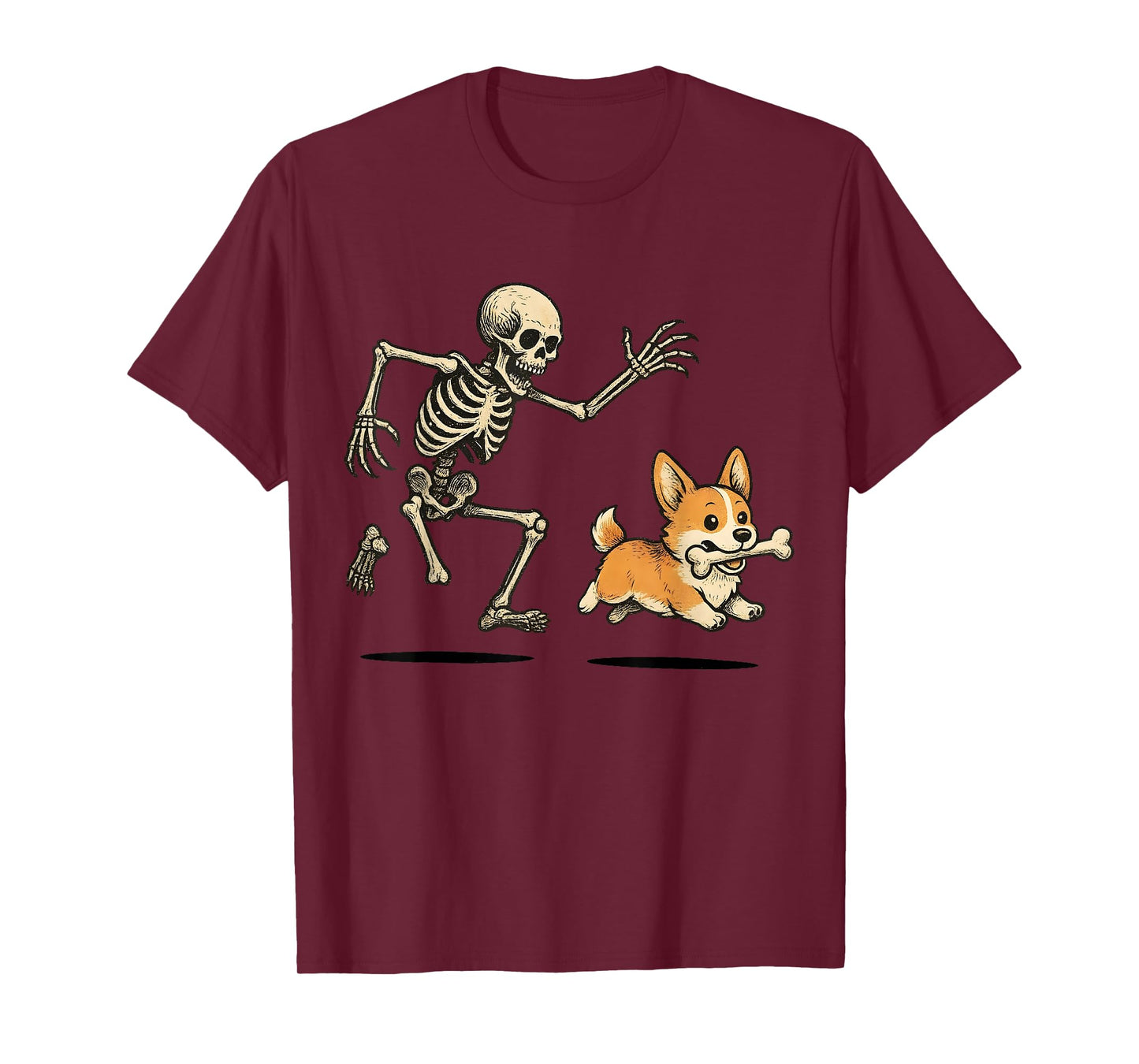 Funny Skeleton Chasing Corgi Halloween Dog Mom Pet Lover T-Shirt