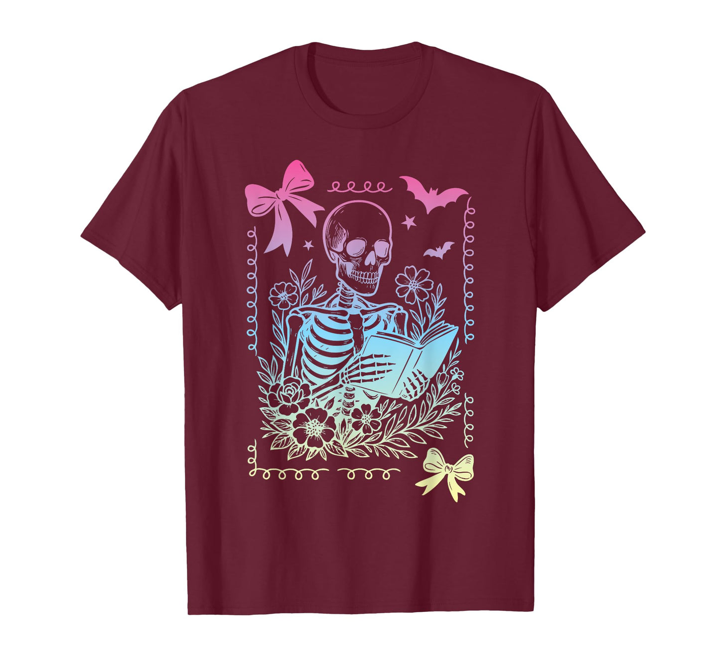Coquette Bow Skeleton Reading Book Academia Literary Girl T-Shirt