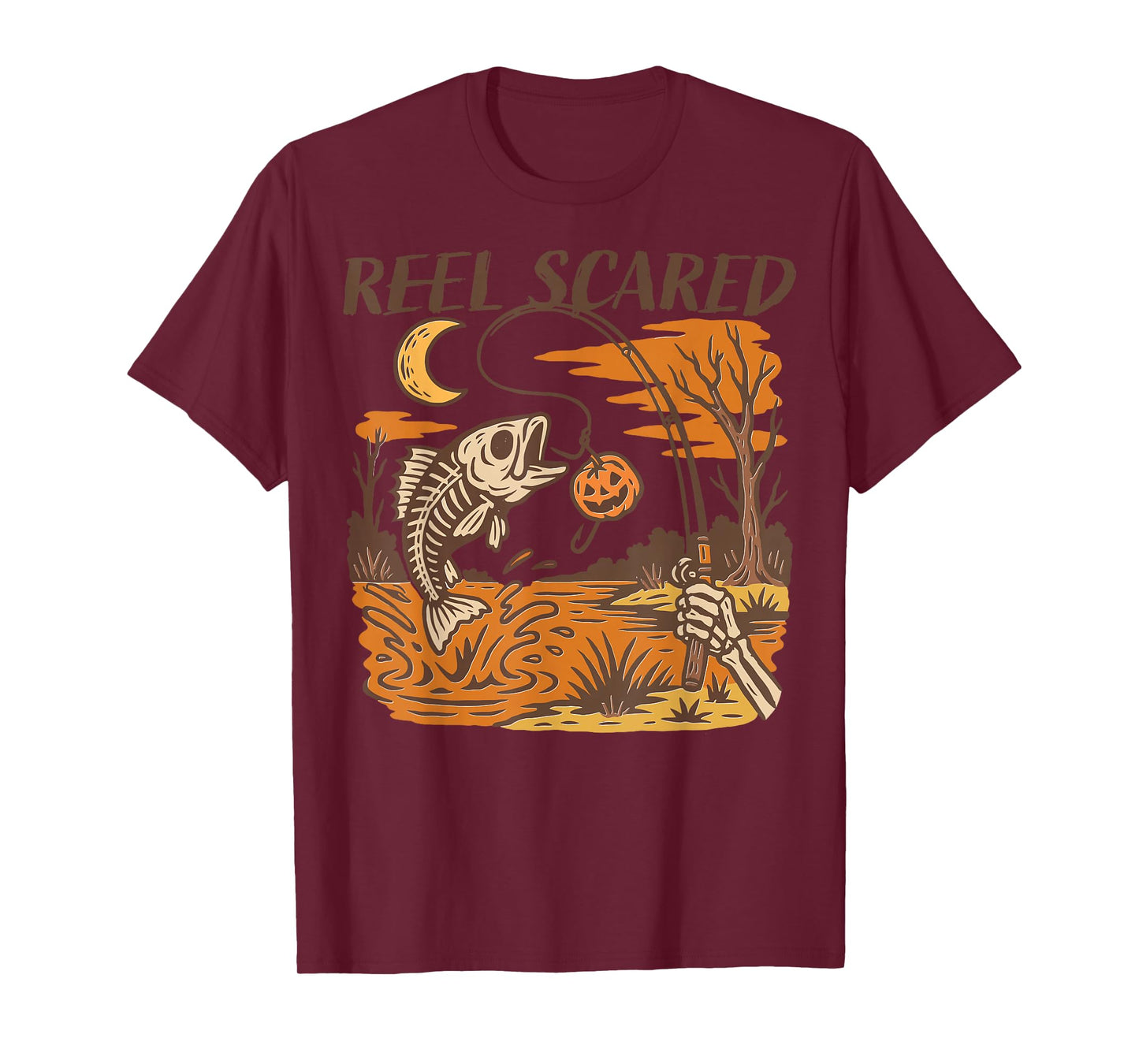 Reel Scared Halloween Fall Fishing Funny Skeleton Fisherman T-Shirt