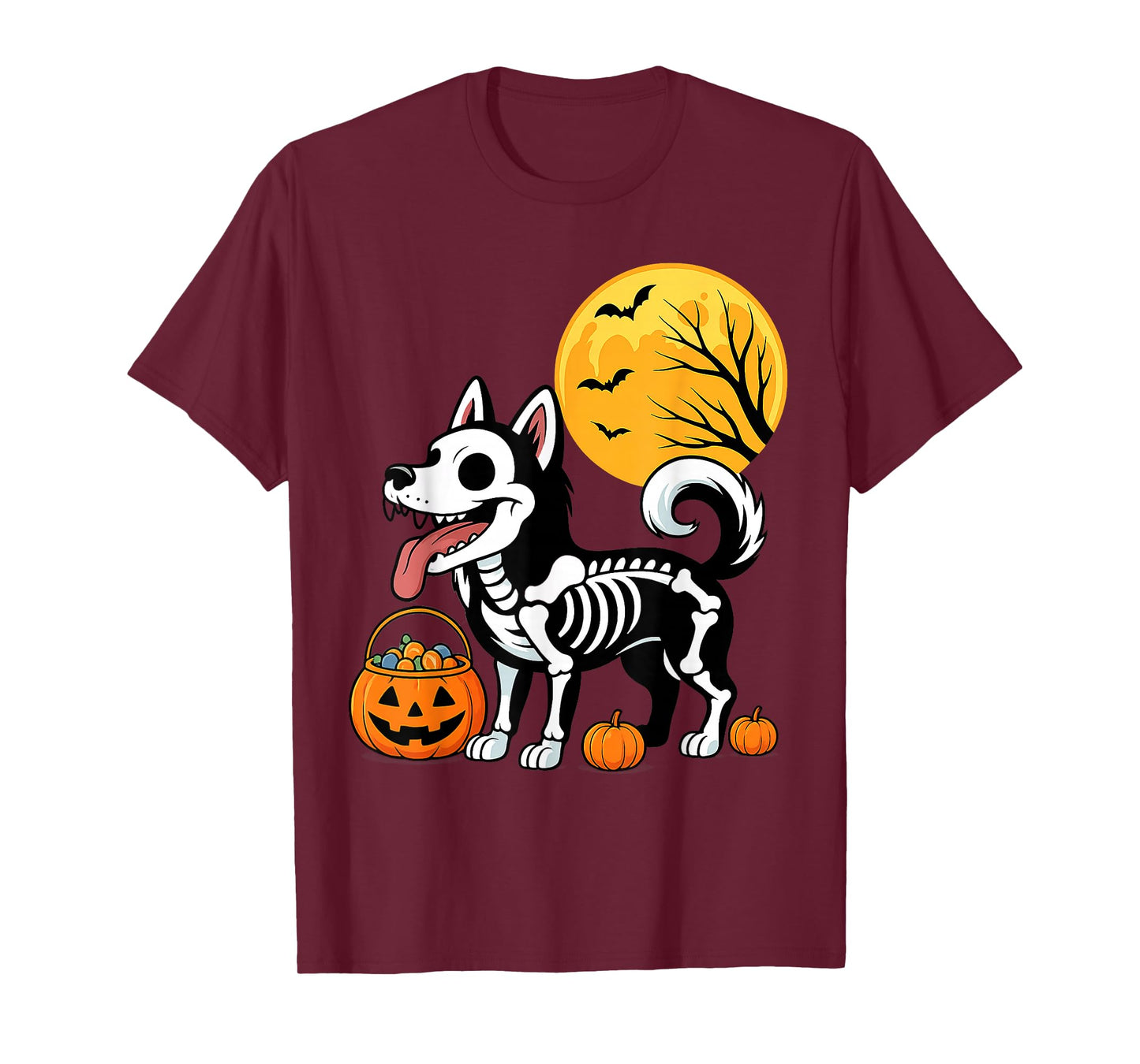 Siberian Husky Dog Skeleton Scary Pumpkin Moon Halloween T-Shirt