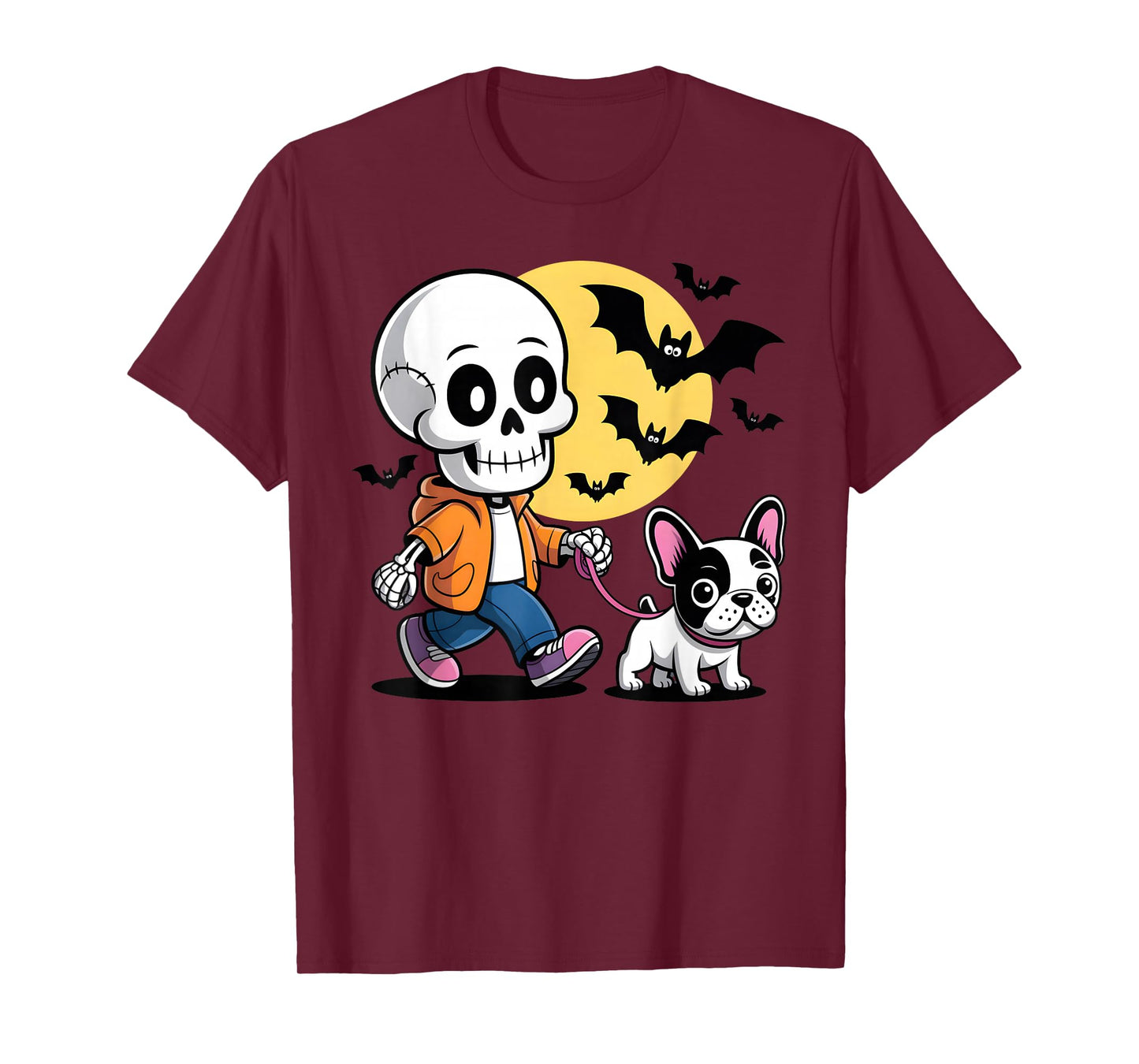 Funny Skeleton Walking Cute French Bulldog Halloween Night T-Shirt