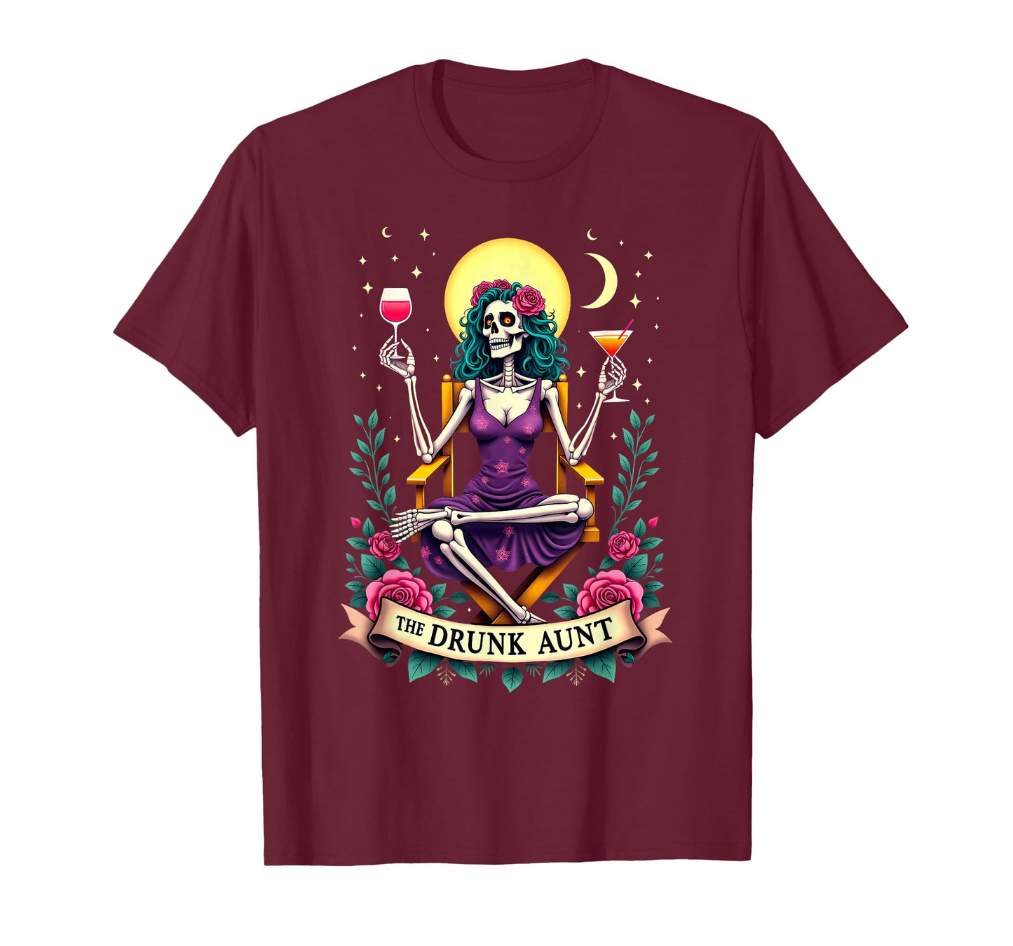 Gothic Tarot Card The Drunk Aunt Skeleton Halloween T-Shirt