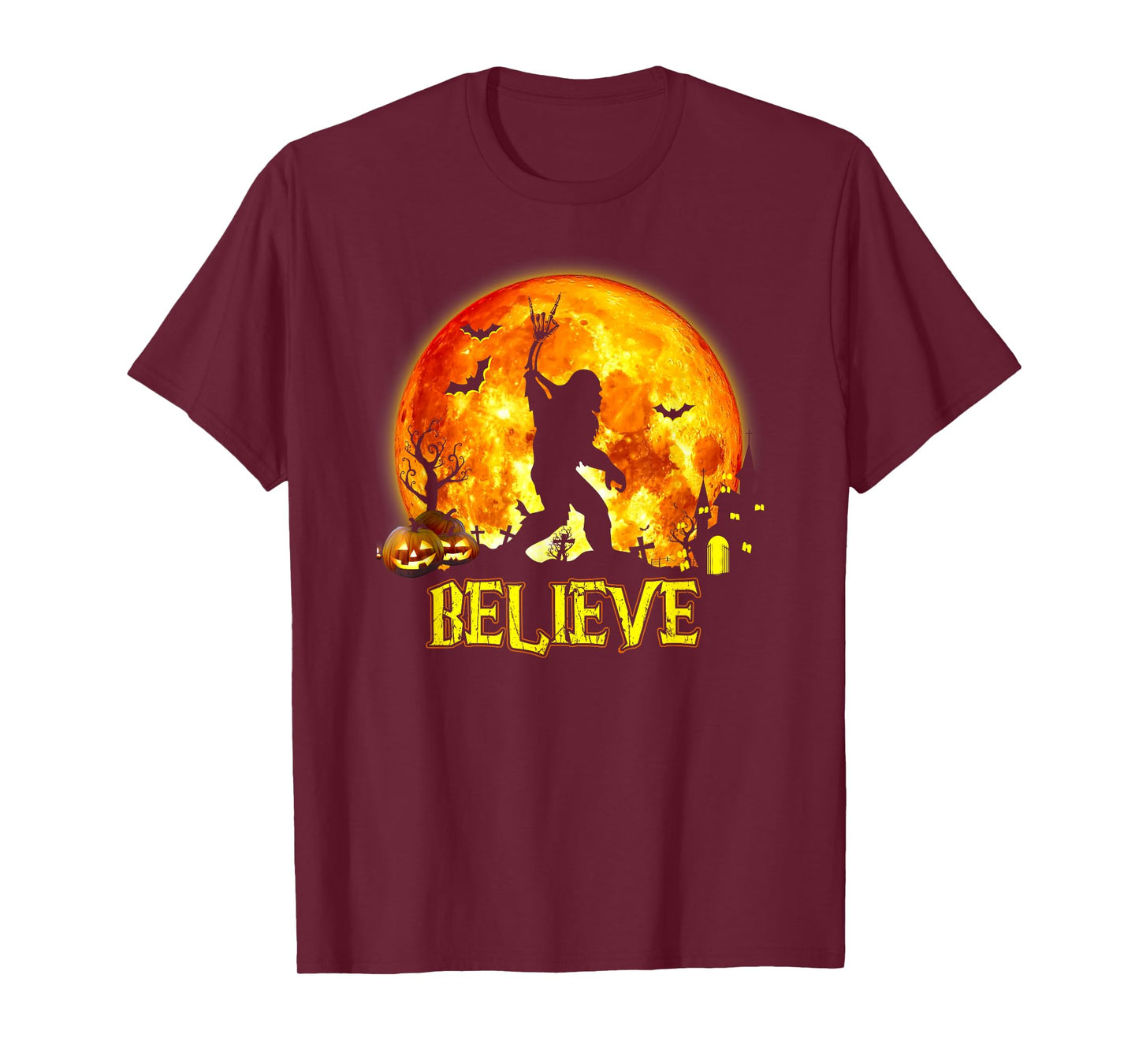 Believe Bigfoot Rock On Halloween Skeleton Hand Sasquatch T-Shirt