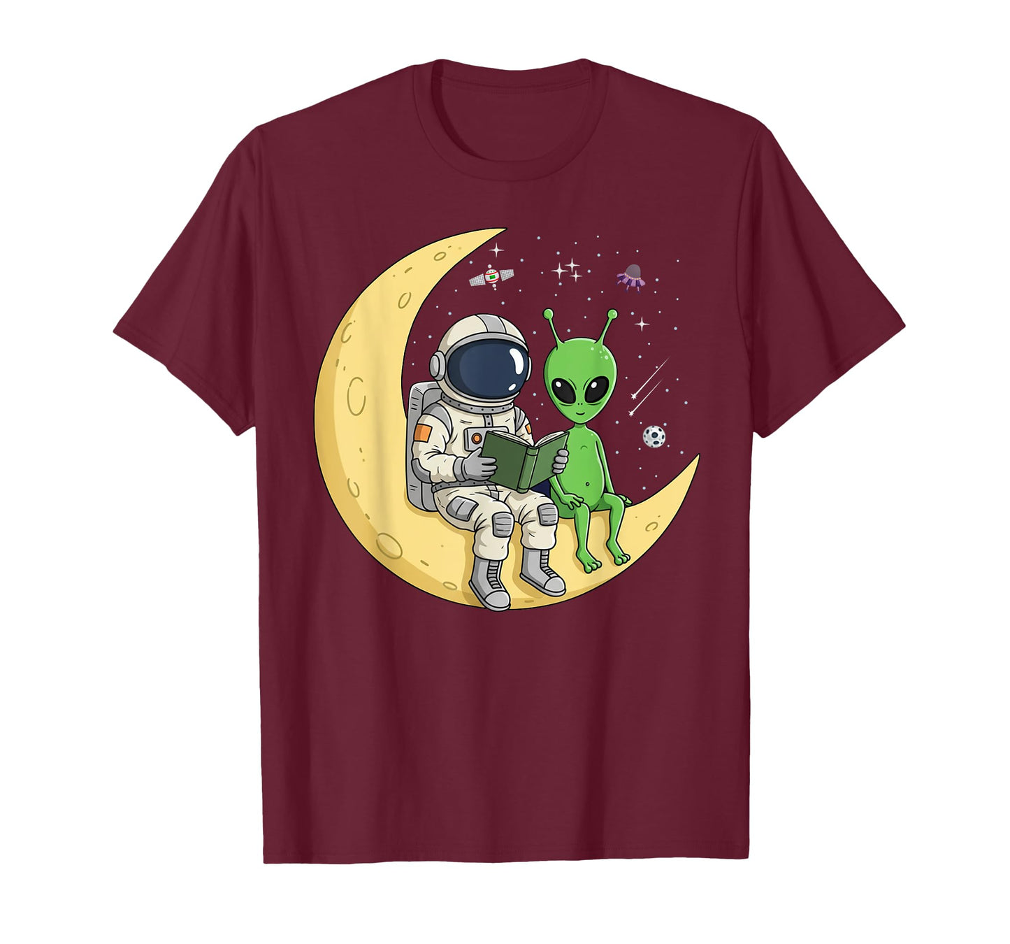 Astronaut Reading Book To Alien Moon Space Women Kids Men T-Shirt