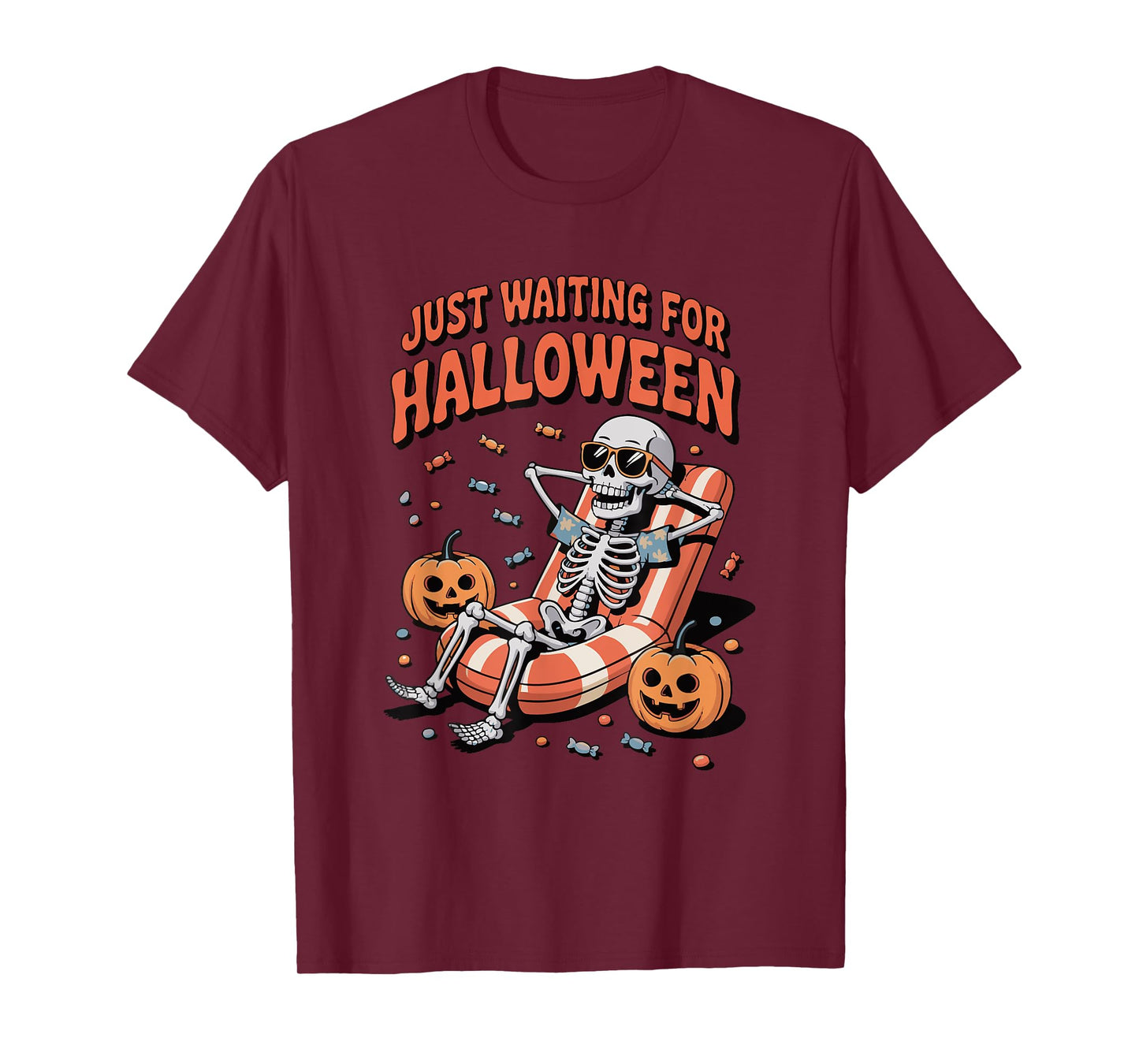 Just Waiting for Halloween Skeleton Summer Pumkin Halloweeen T-Shirt