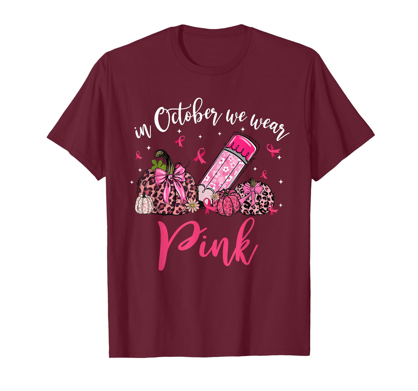 In October We Wear Pink Apple Teacher Daisy Breast Cancer T-Shirt
