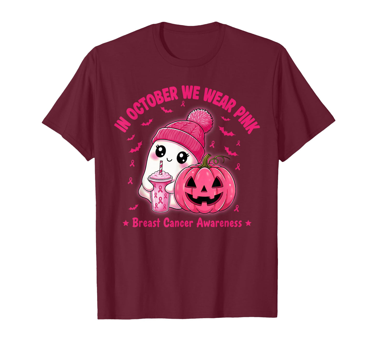 in October We Wear Pink Cute Ghost Breast Cancer Awareness T-Shirt