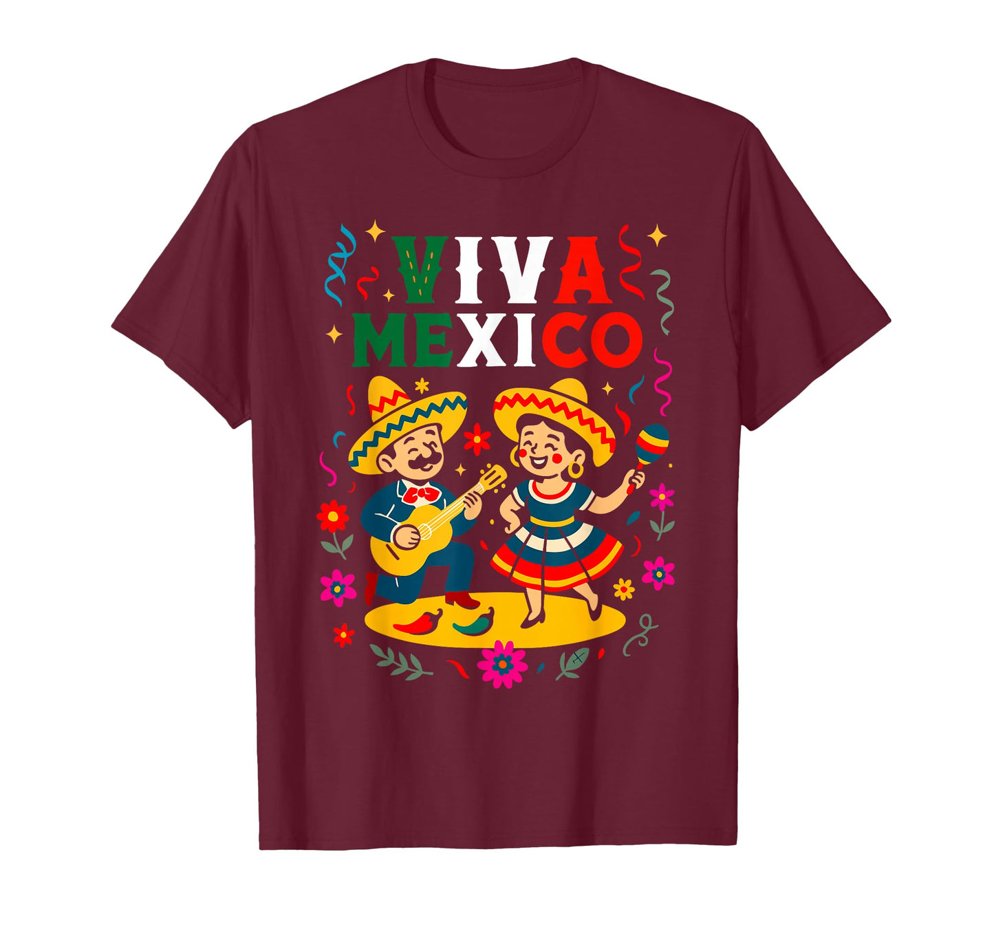 Viva Mexico Latin Roots Heritage Guitar, Maracas & Sombreros T-Shirt