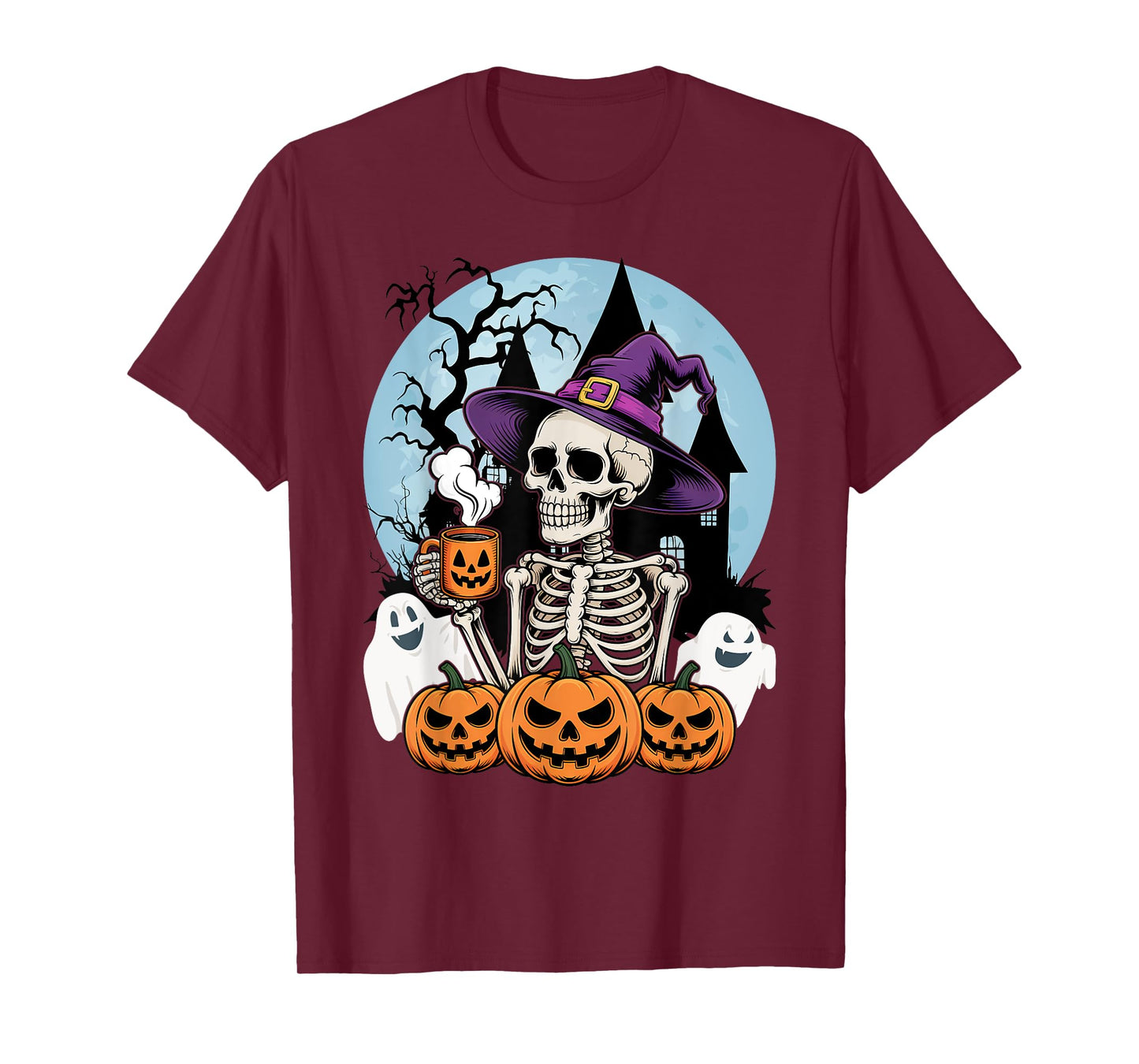 Skeleton Drinking Coffee Halloween Costume Pumpkin Ghost T-Shirt