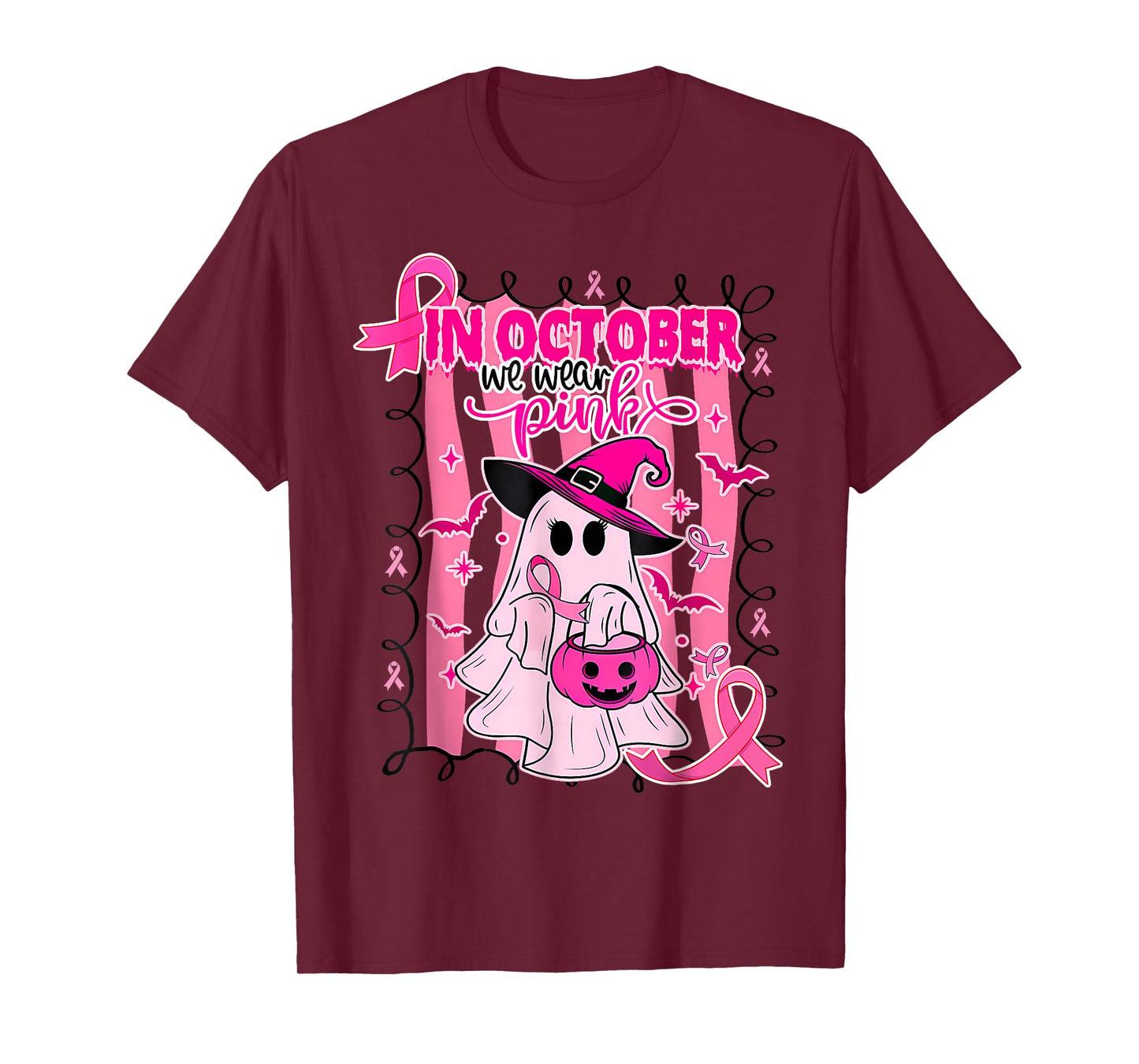 In October We Wear Pink Ghost Witch Breast Cancer Awareness T-Shirt