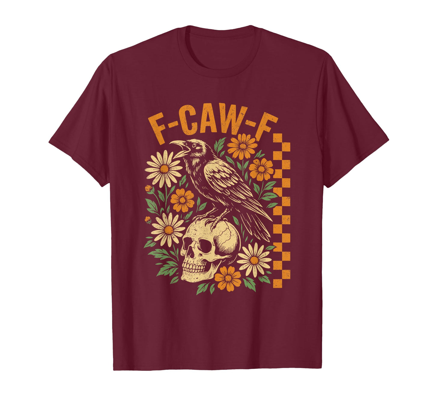 Retro Black Crow F-Caw-F Black Bird Skull Floral Halloween T-Shirt