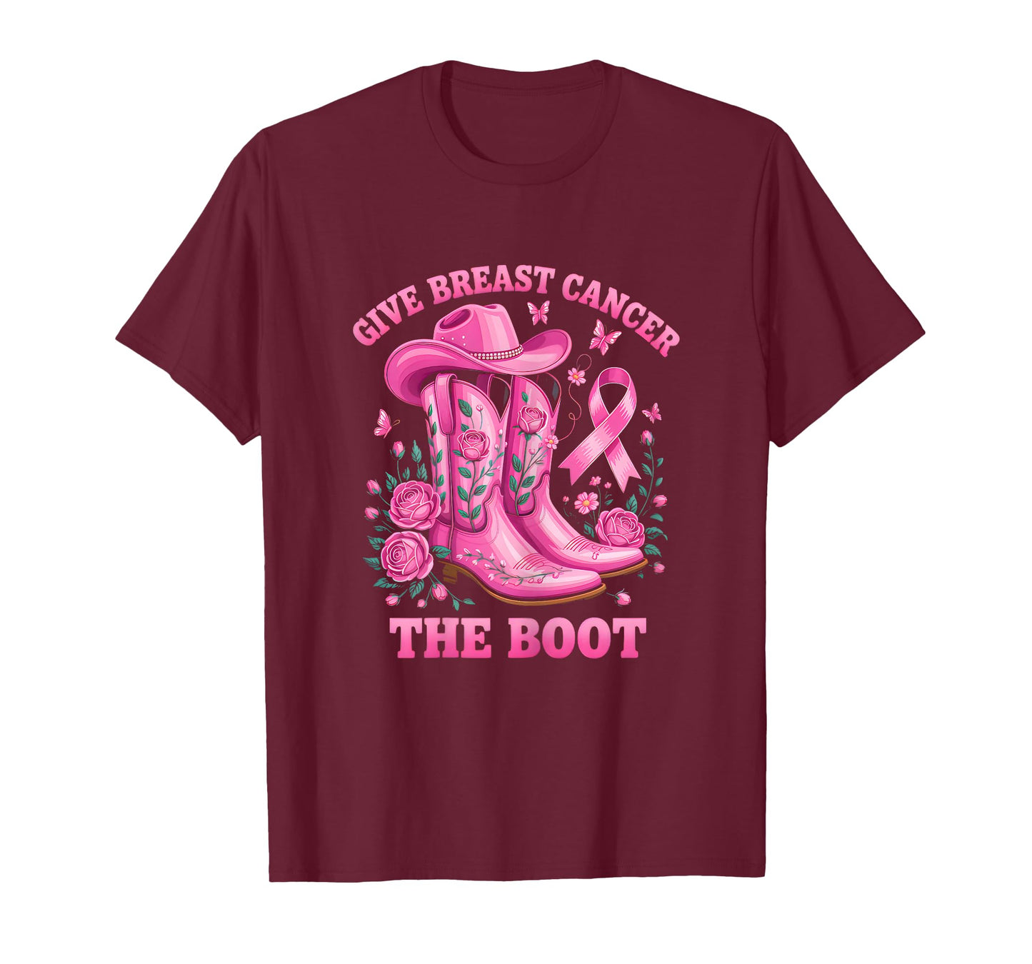 Give Breast Cancer The Boot Cowgirl Cancer Awareness Ribbon T-Shirt