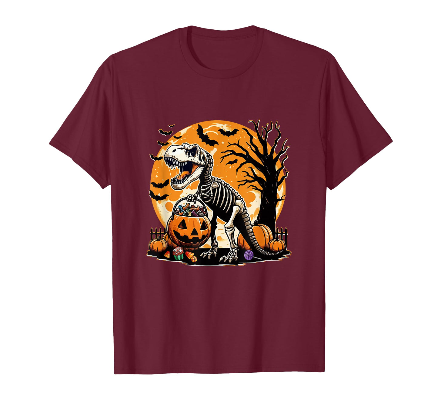 T-rex Skeleton Holding Halloween Candy Carved Pumpkin Basket T-Shirt