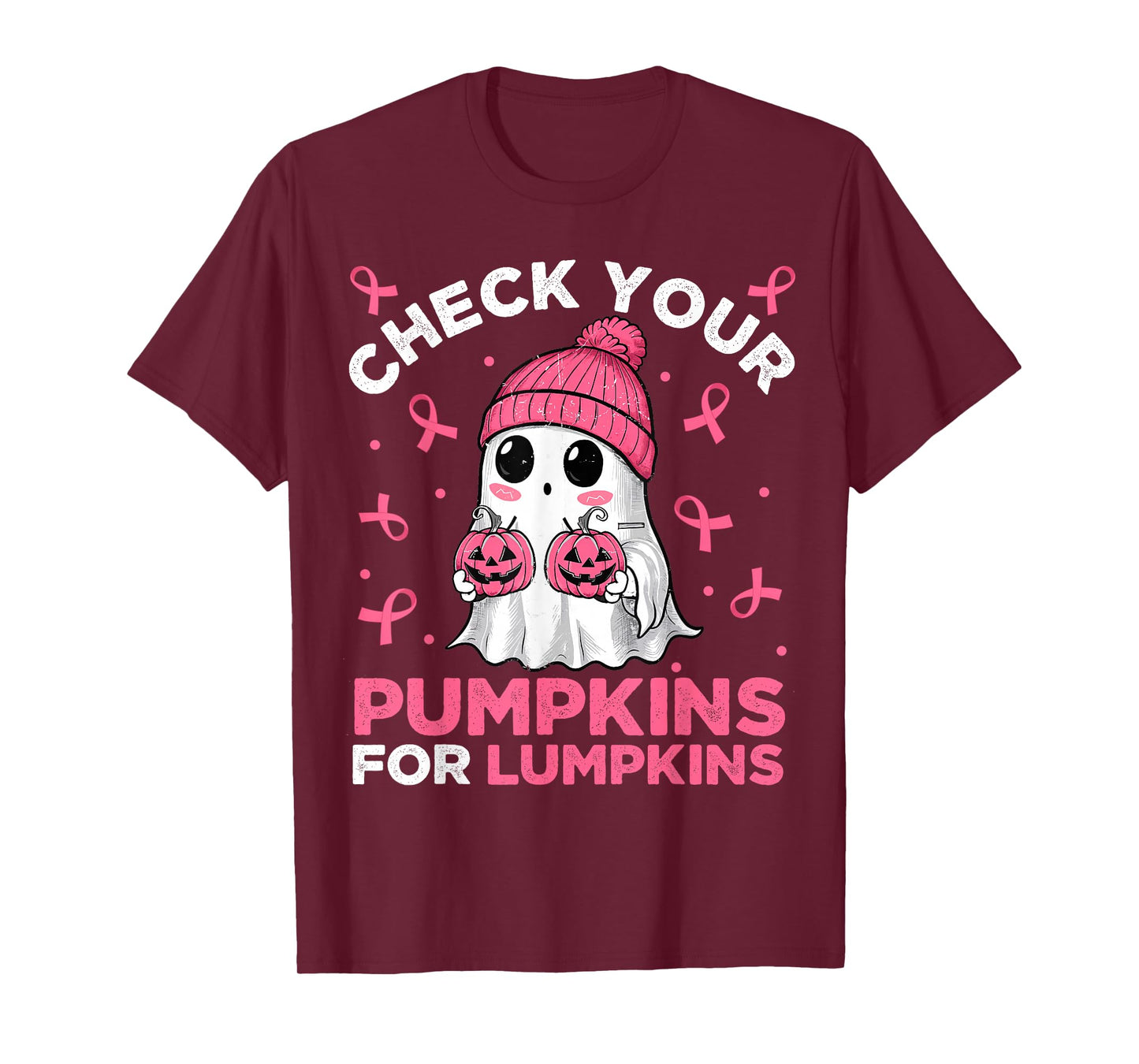 Breast Cancer Halloween Boo Ghost Check Your Pumpkins Womens T-Shirt