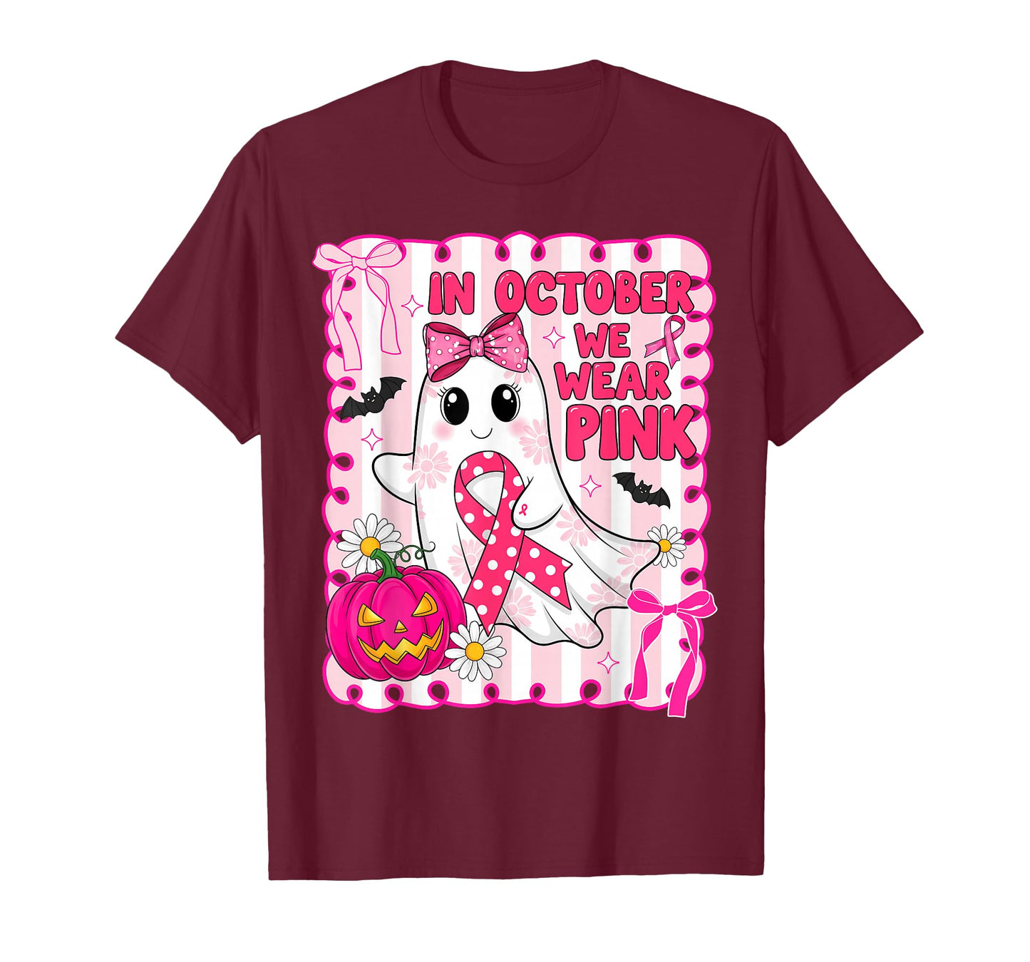 in October We Wear Pink Ribbon Breast Cancer Ghost Halloween T-Shirt