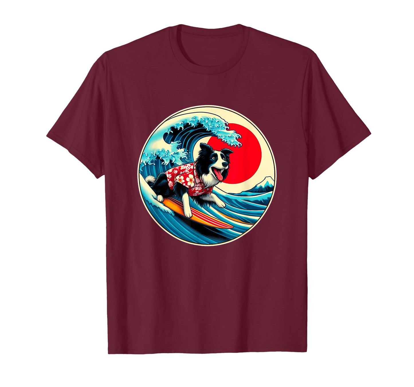 Great Wave Kanagawa Border Collie dog Surfing T-Shirt for Men Women Kids