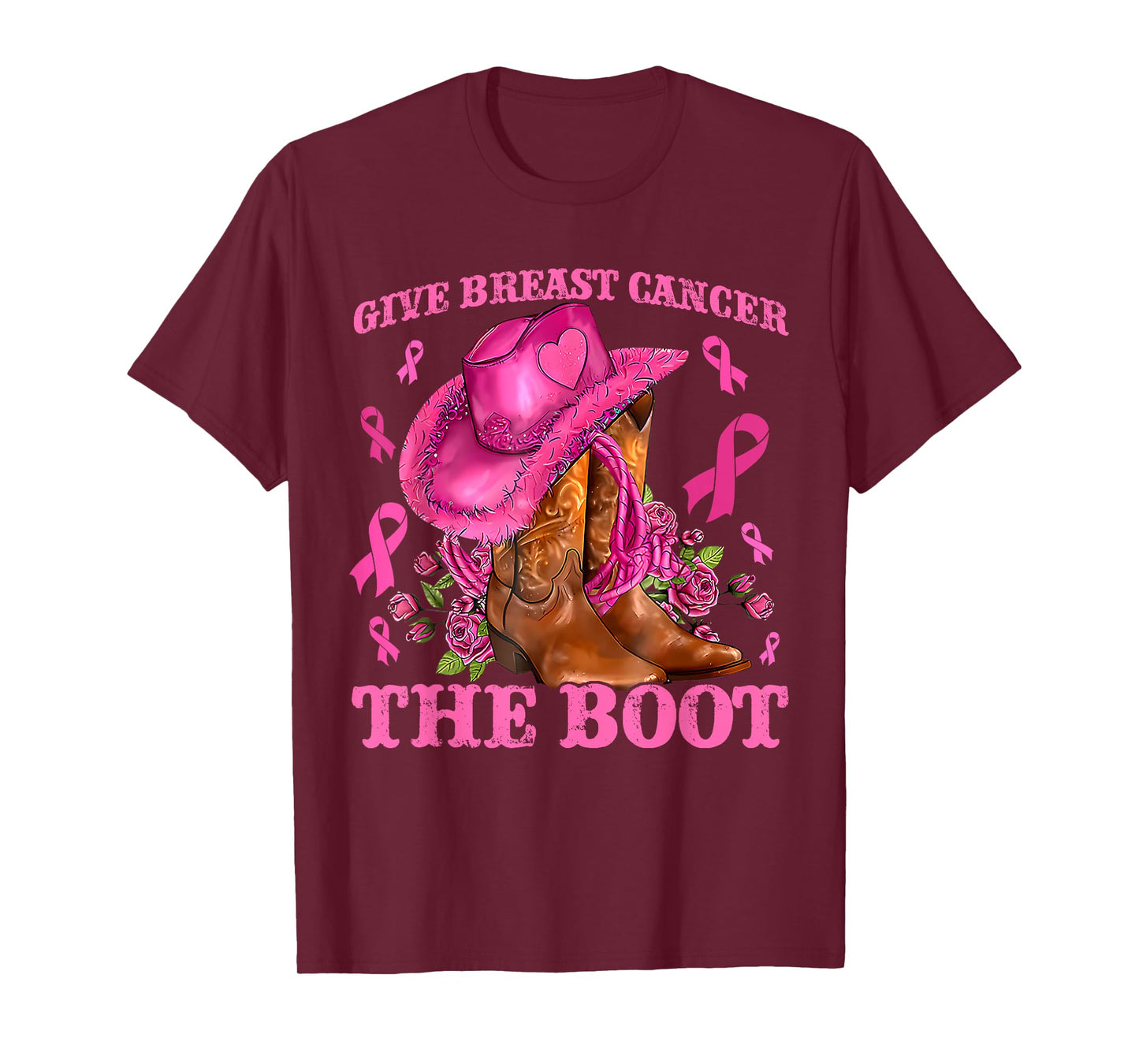 Give Breast Cancer The Boot Cowgirl Cancer Awareness Ribbon T-Shirt