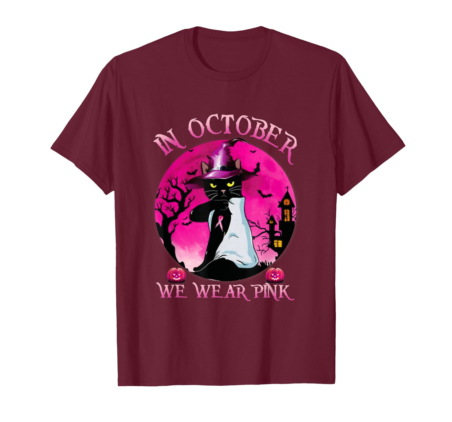 Black Cat In October We Wear Pink Funny Halloween Gifts T-Shirt