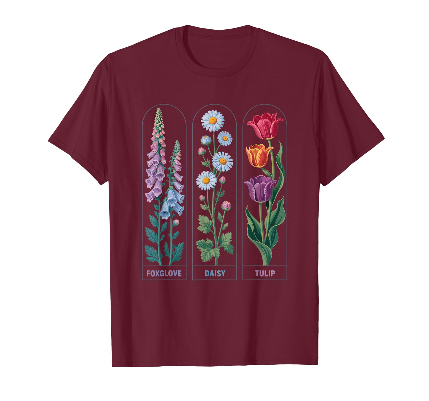 Foxglove Daisy Tulip Vintage Floral Drawing T-Shirt