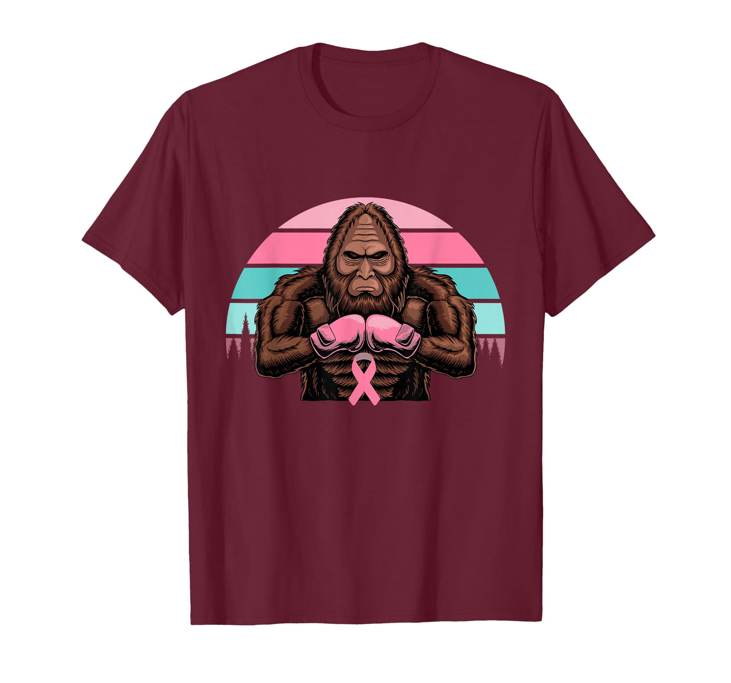 Bigfoot Boxing Pink Ribbon Breast Cancer Awareness Retro T-Shirt