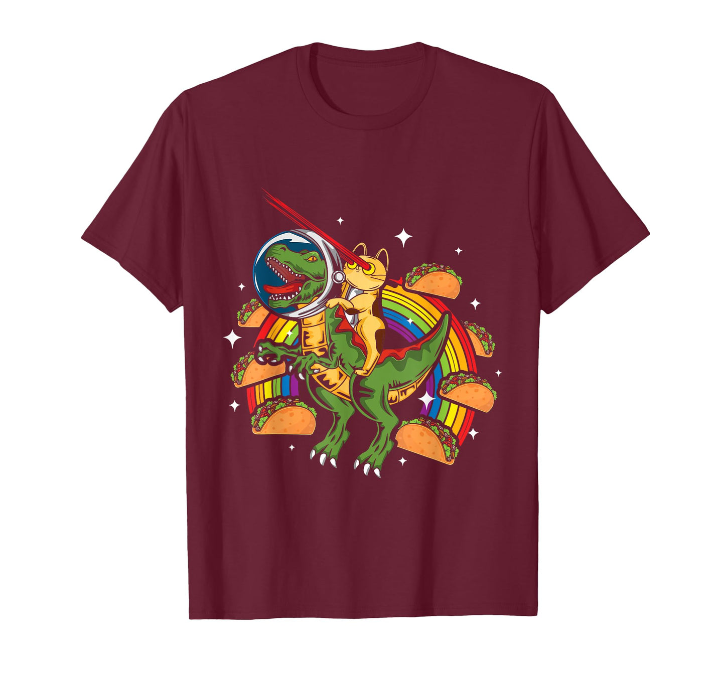 Crazy T-Rex Riding Cat Laser Eye Taco Rainbow Space Dinosaur T-Shirt for Men Women Girls Kids