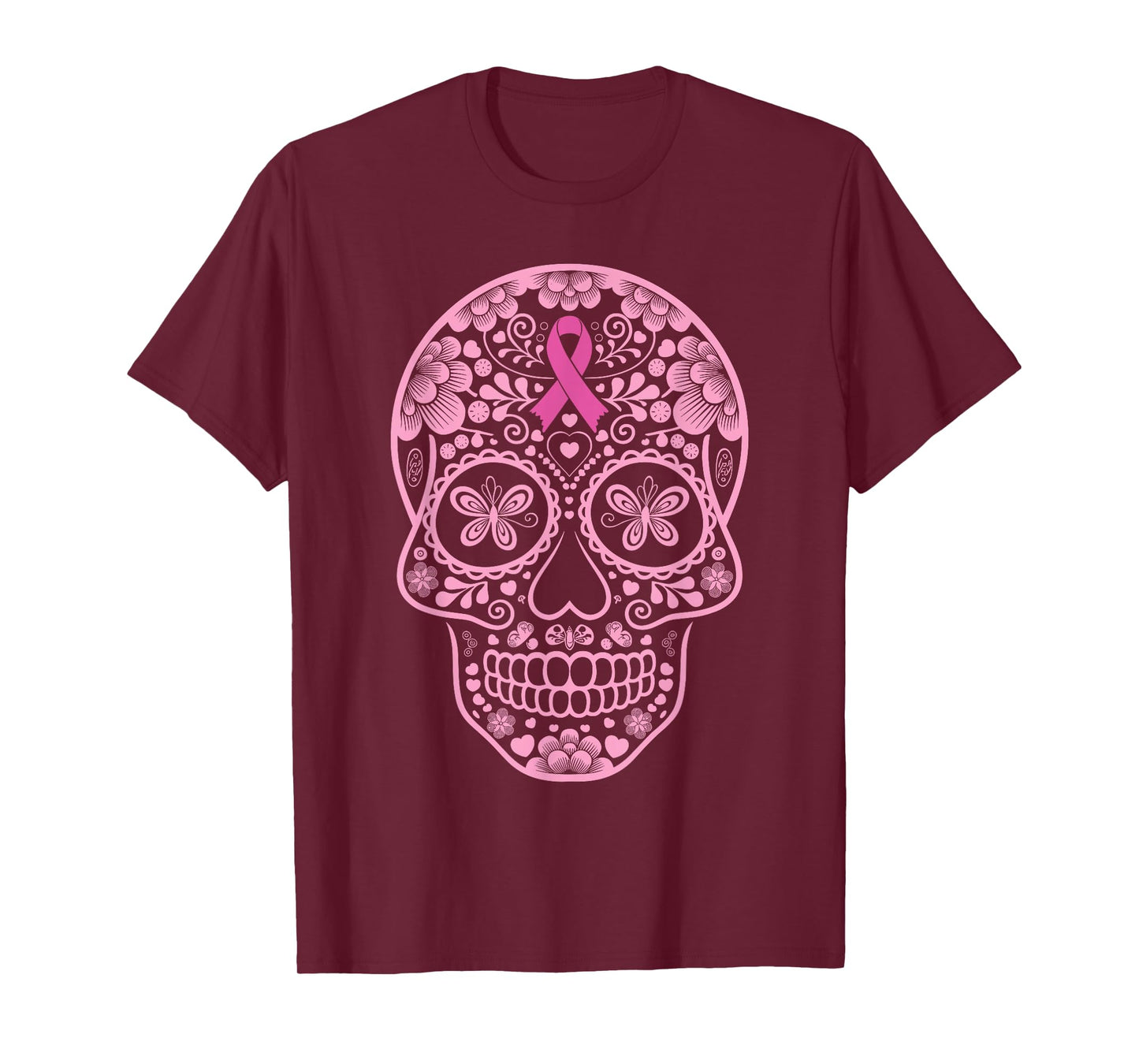 Sugar Skull Pink Ribbon Calavera Breast Cancer Awareness T-Shirt