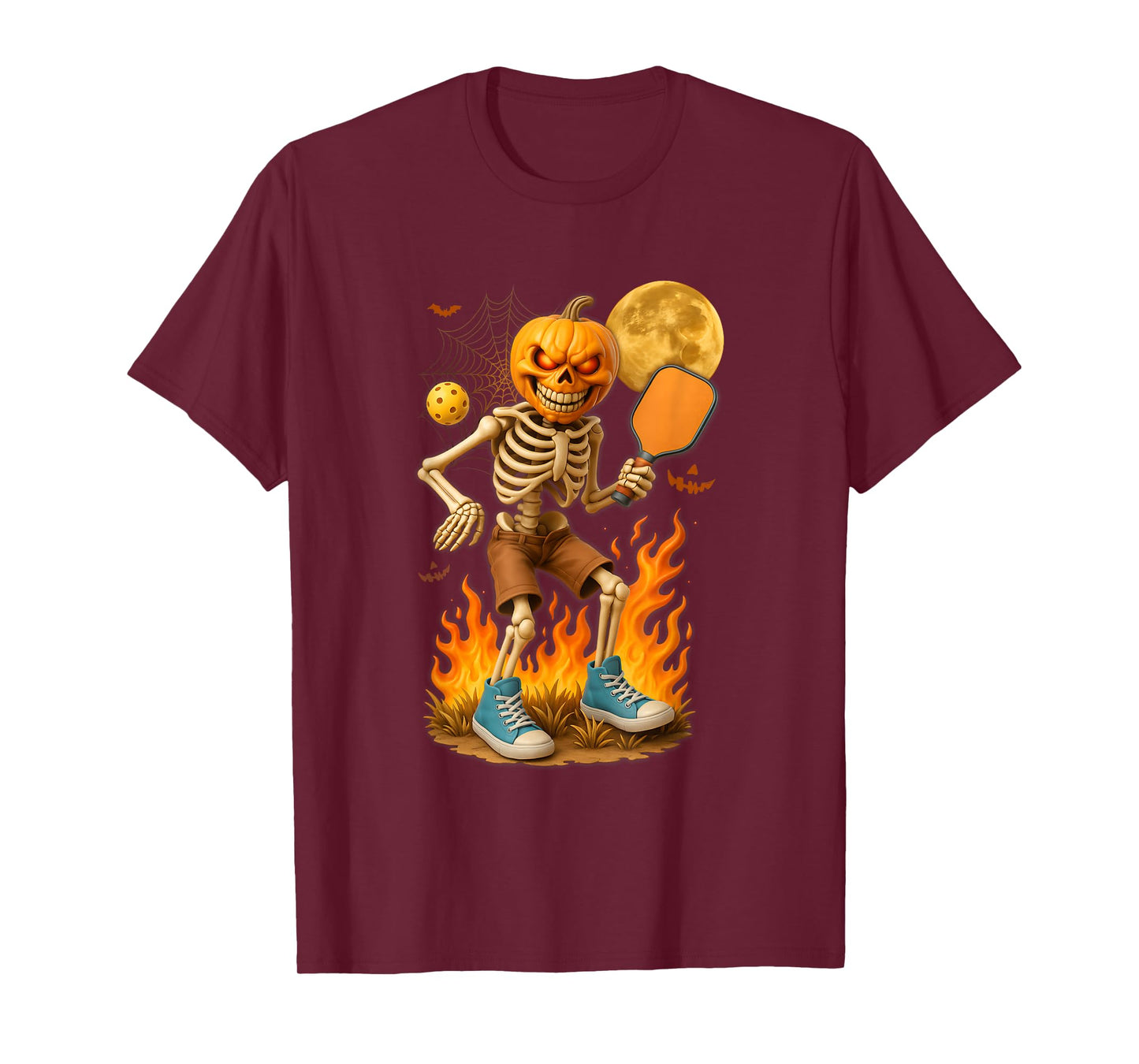 Pumpkin Head Skeleton Playing Pickleball Sports Halloween T-Shirt