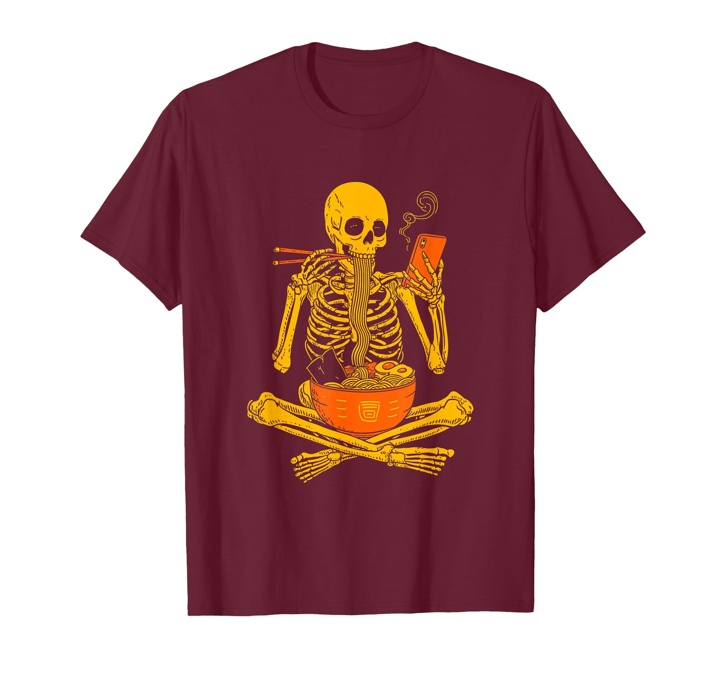 Funny Skeleton Eat Ramen Noodles Scroll Phone Halloween T-Shirt