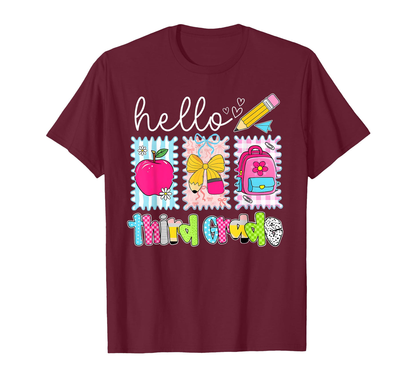 Back To School Hello Third Grade Teacher Coquette Pencil Bow T-Shirt
