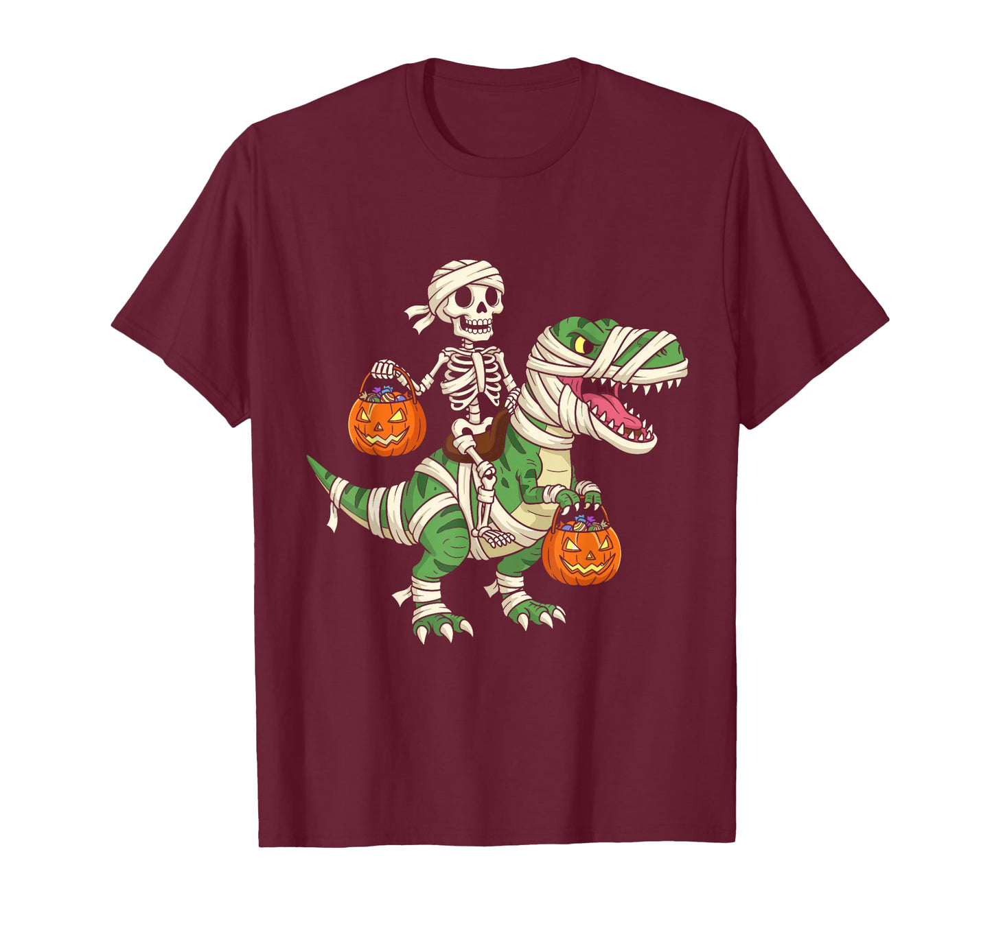 Skeleton Riding Mummy Dinosaur T-Rex Funny Halloween Pumpkin T-Shirt