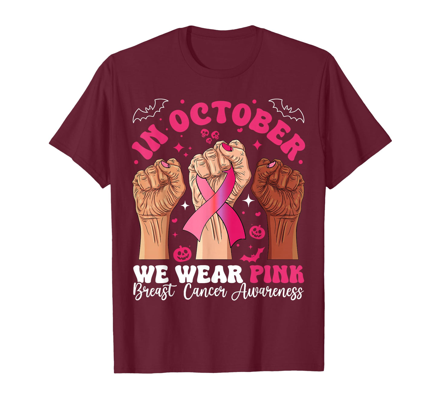in October We Wear Pink Breast Cancer Awareness Halloween T-Shirt