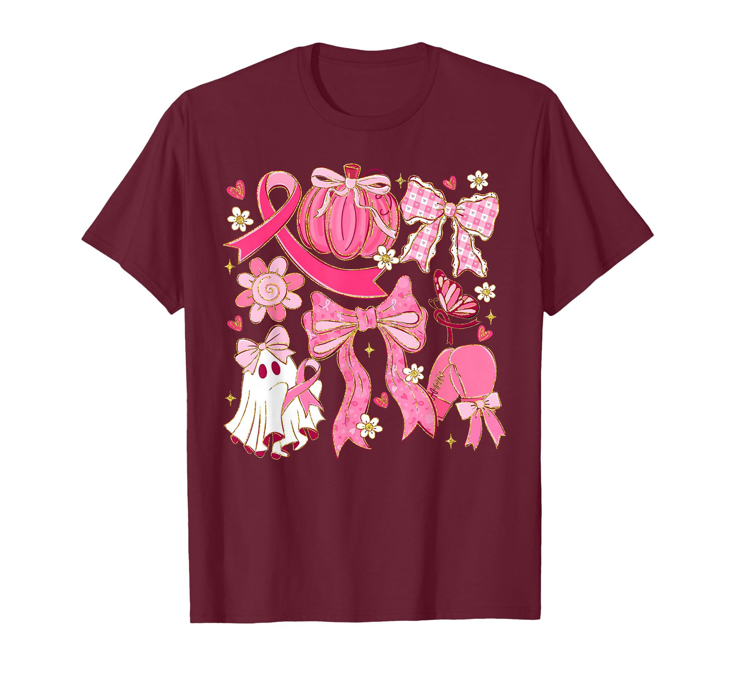 Pink Pumpkin Ghost Coquette Bow Breast Cancer Awareness T-Shirt