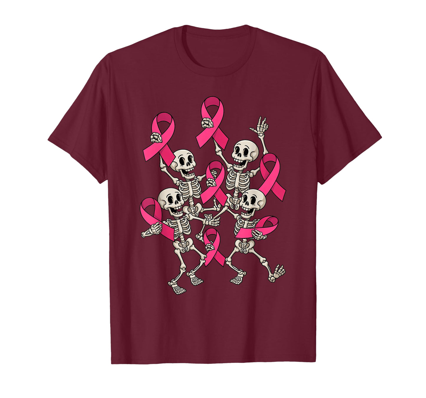 October Breast Cancer Awareness Month Pink Ribbon Skeletons T-Shirt