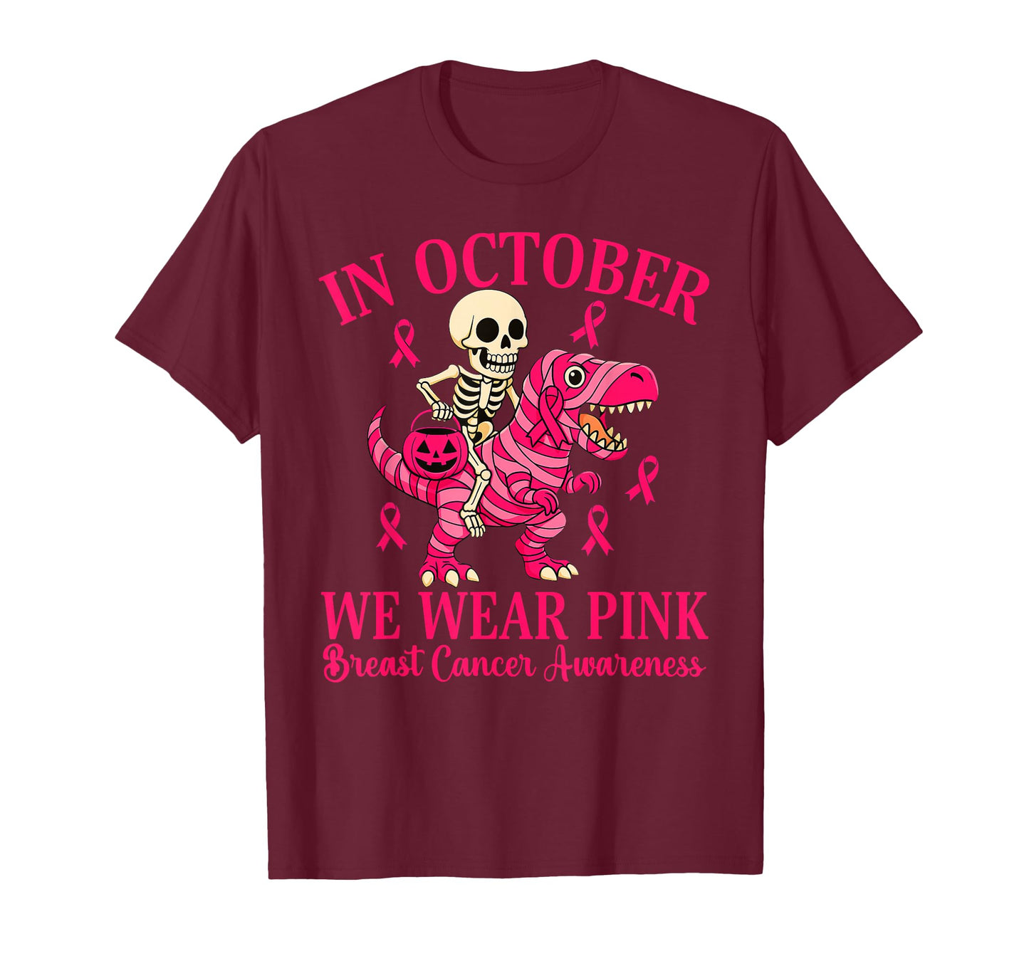 Skeleton Riding Dinosaur Trex Halloween Breast Cancer T-Shirt