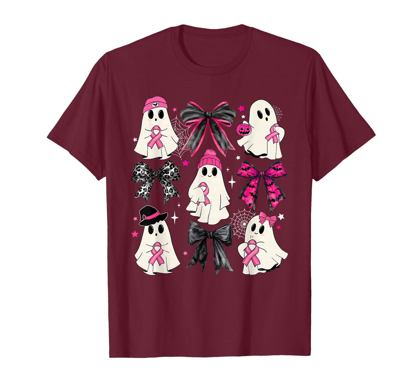 Ghost Halloween Pink Coquette Bow Breast Cancer Awareness T-Shirt
