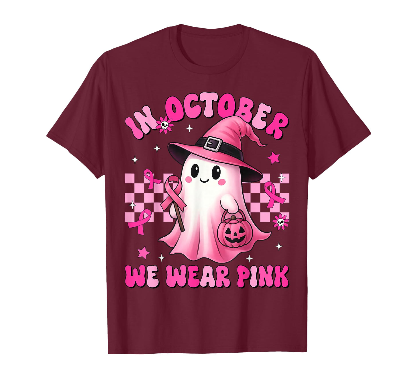 In October We Wear Pink Ghost Witch Breast Cancer Awareness T-Shirt