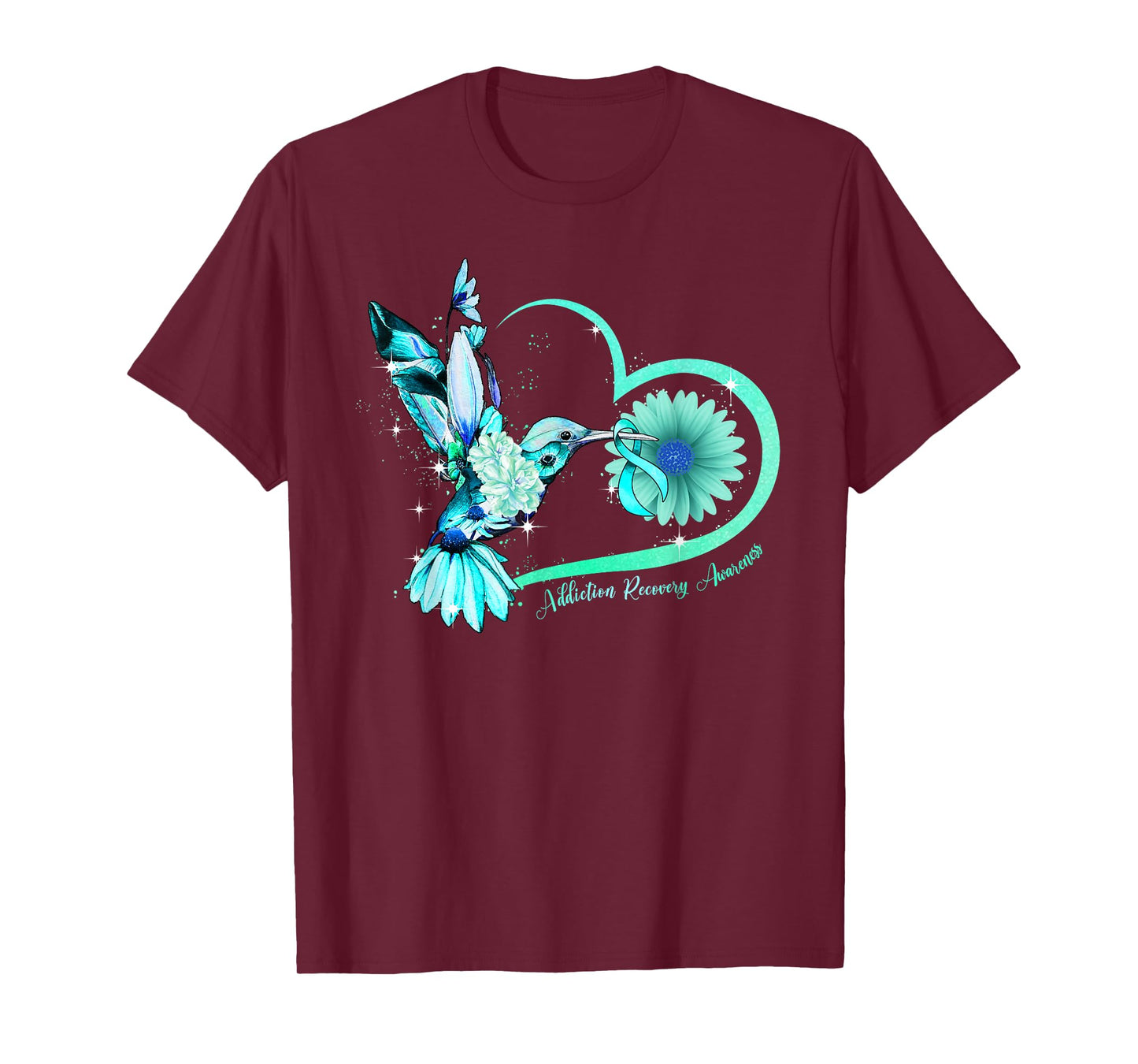 Hummingbird Sunflower Heart Teal Ribbon Addiction Recovery T-Shirt