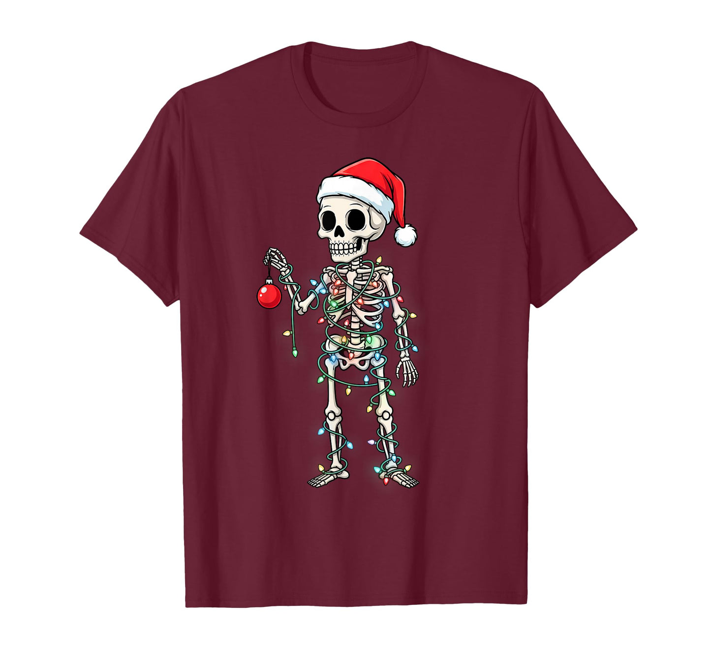 Funny Halloween Skeleton Tangled Christmas Lights Santa Hat T-Shirt